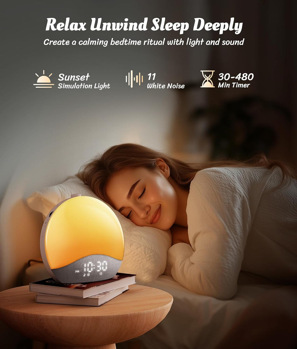 ecozy Sunrise Alarm Clock, White Noise Sound Machine, Alarm Clock for Bedrooms, 26 Soothing Sounds, 17 Night Lights, Bluetooth Speaker…