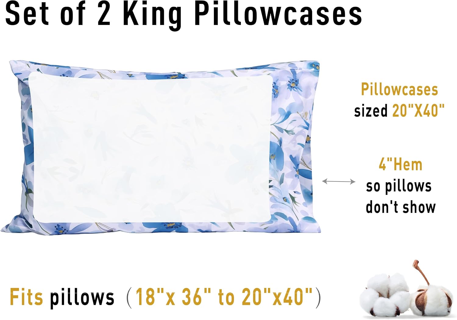 sunflower King Pillowcases Set of 2, 100% Cotton King Size Pillow Cases 2, 20×40 inches Blue Bloom, Soft and Breathable
