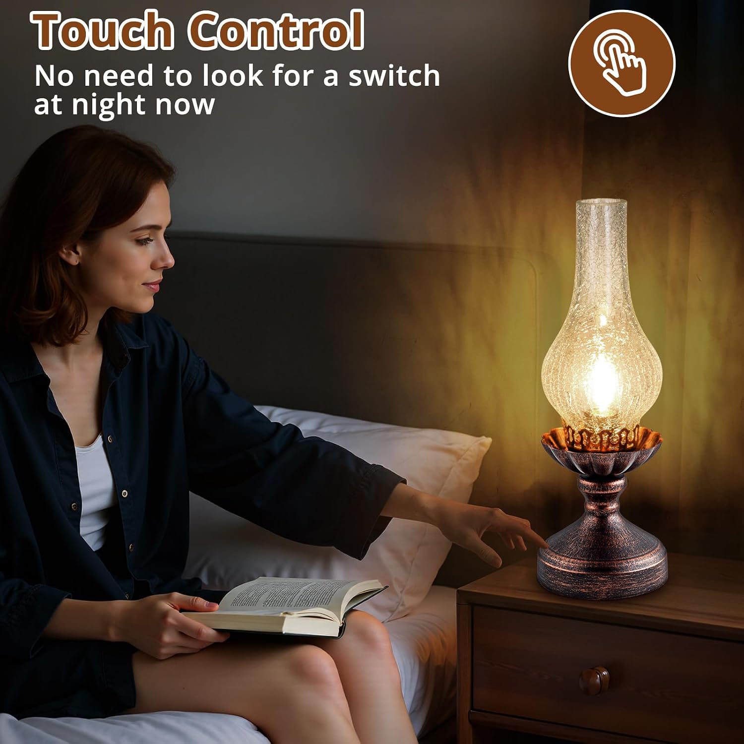 Vintage Table Lamp | Touch Control & 3-Way Dimmable Rustic Retro Farmhouse Bedside Lamp with Clear Glass Shade and LED Bulb for Bedroom…