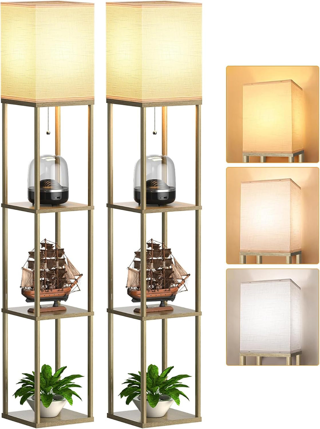 PARTPHONER Floor Lamp with Shelves for Living Room Natural Wood 2 Pack, Shelf Floor Lamp with 3 CCT LED Bulb, Corner Display Standing…
