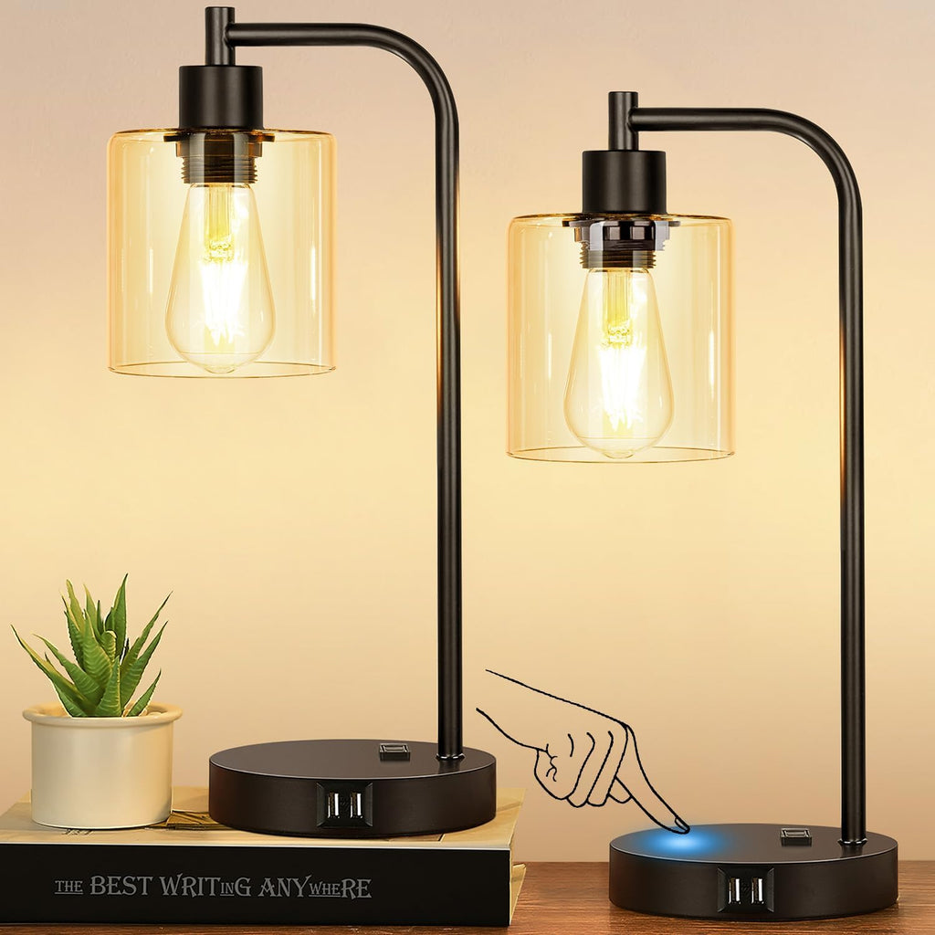 Set of 2 Industrial Touch Control Table Lamps with 2 USB Ports and AC Outlet - 3-Way Dimmable Black Bedside Lamp Nightstand Desk Lamps…