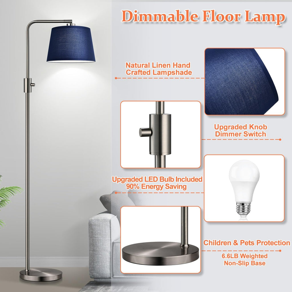 Nintiue Dimmable Floor Lamp, 1000 Lumens LED Edison Bulb Included, Brushed Nickel Arc Standing Tall Floor Lamp with Blue Shade for Living…