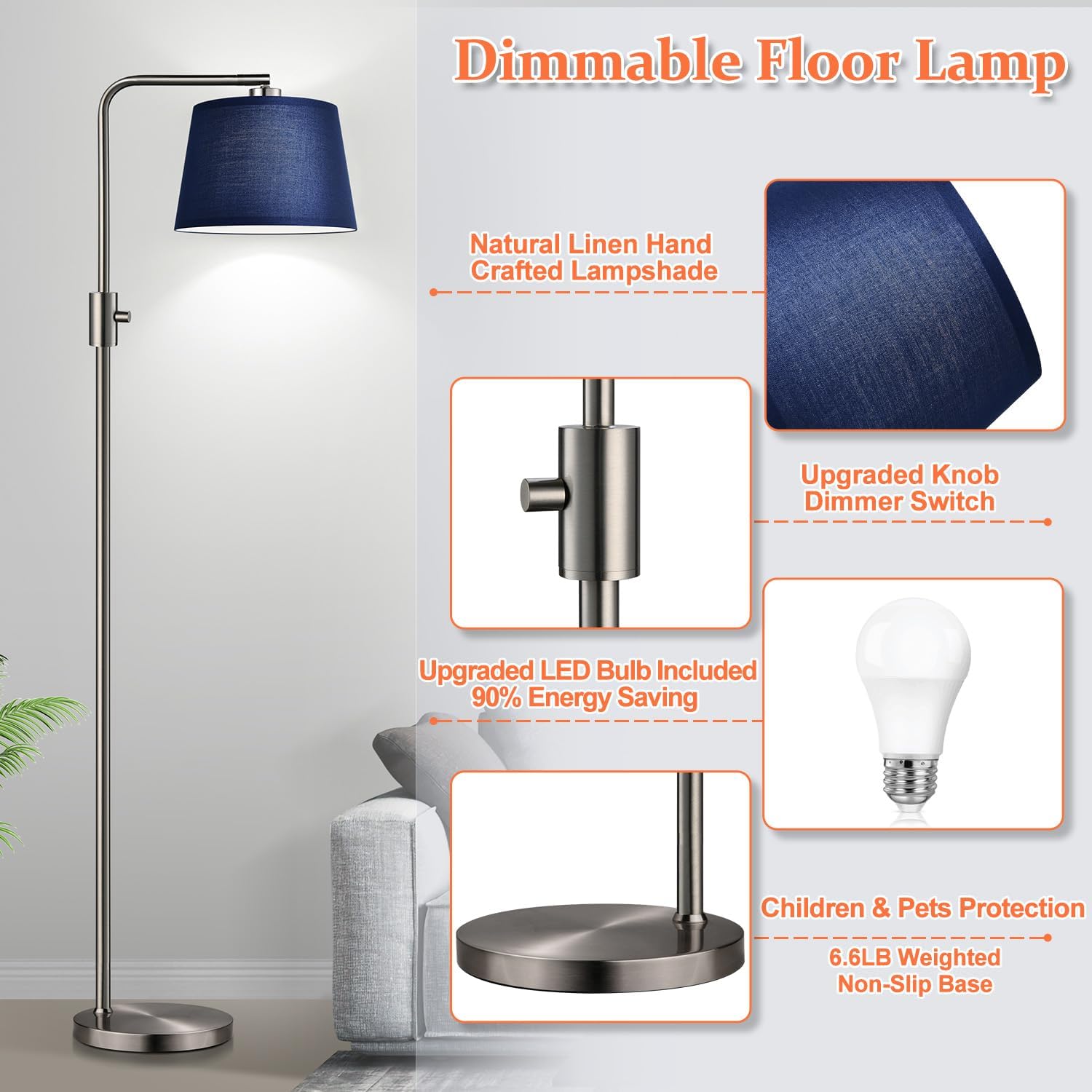 Nintiue Dimmable Floor Lamp, 1000 Lumens LED Edison Bulb Included, Brushed Nickel Arc Standing Tall Floor Lamp with Blue Shade for Living…