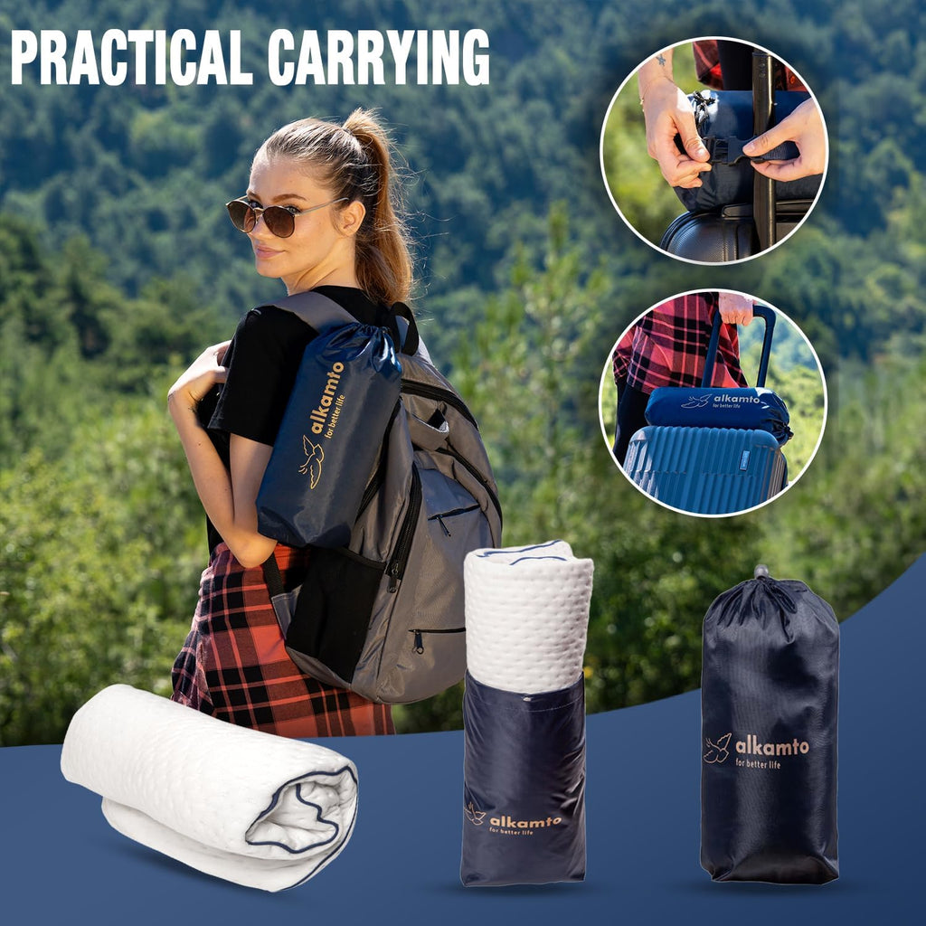 alkamto Travel & Camping Comfortable Memory Foam Pillow – Easy to Carry Portable Bag – Temperature Regulating Pillow Case