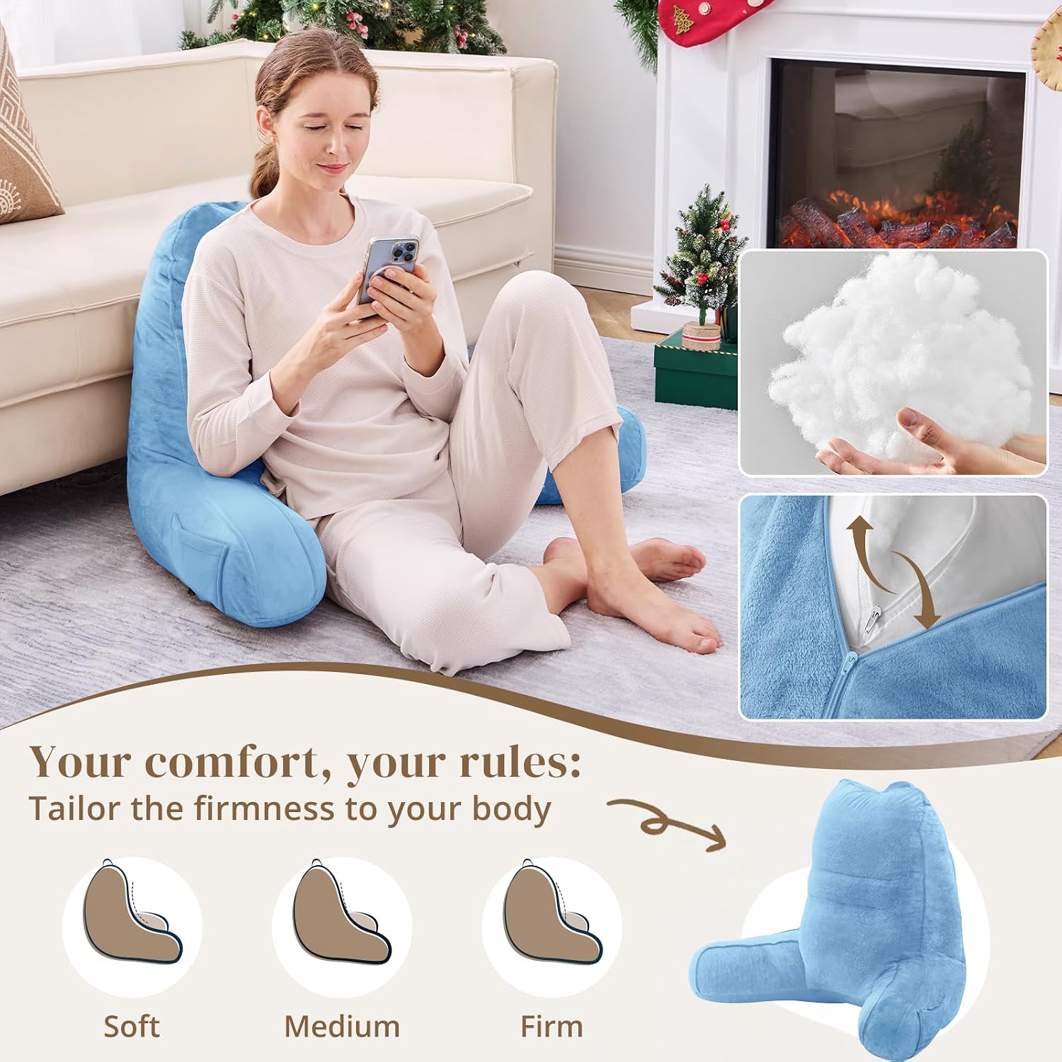 Sasttie Reading Pillow, Pillows for Reading or Relaxing – Ergonomic Support for Head, Neck, Back, and Lumbar, 21-Inch, Blue Blue