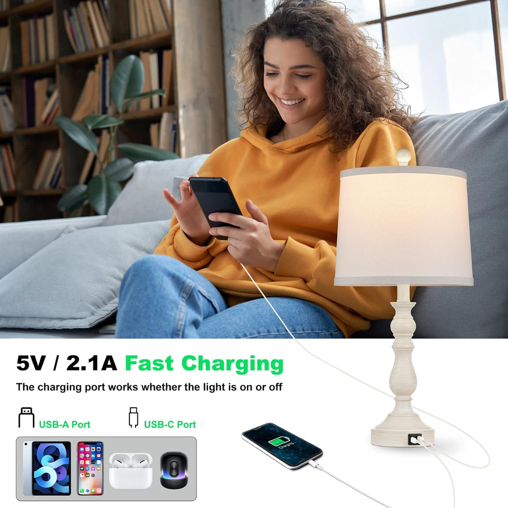 23'' Farmhouse Table Lamps for Living Room Set of 2 with USB C+A Ports, Retro Bedside Lamp for Bedroom, Office, Dining Room, Knob Switch…