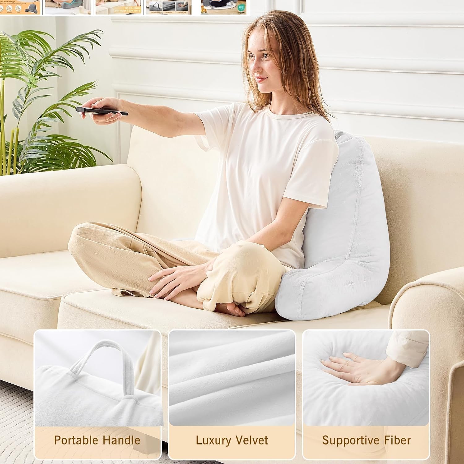 Sasttie Reading Pillow, Velvet Back Pillow for Bed Sitting Up, Adult Back-Rest Support Cushion with Arms for Sit Up on Couch, Sofa, and…