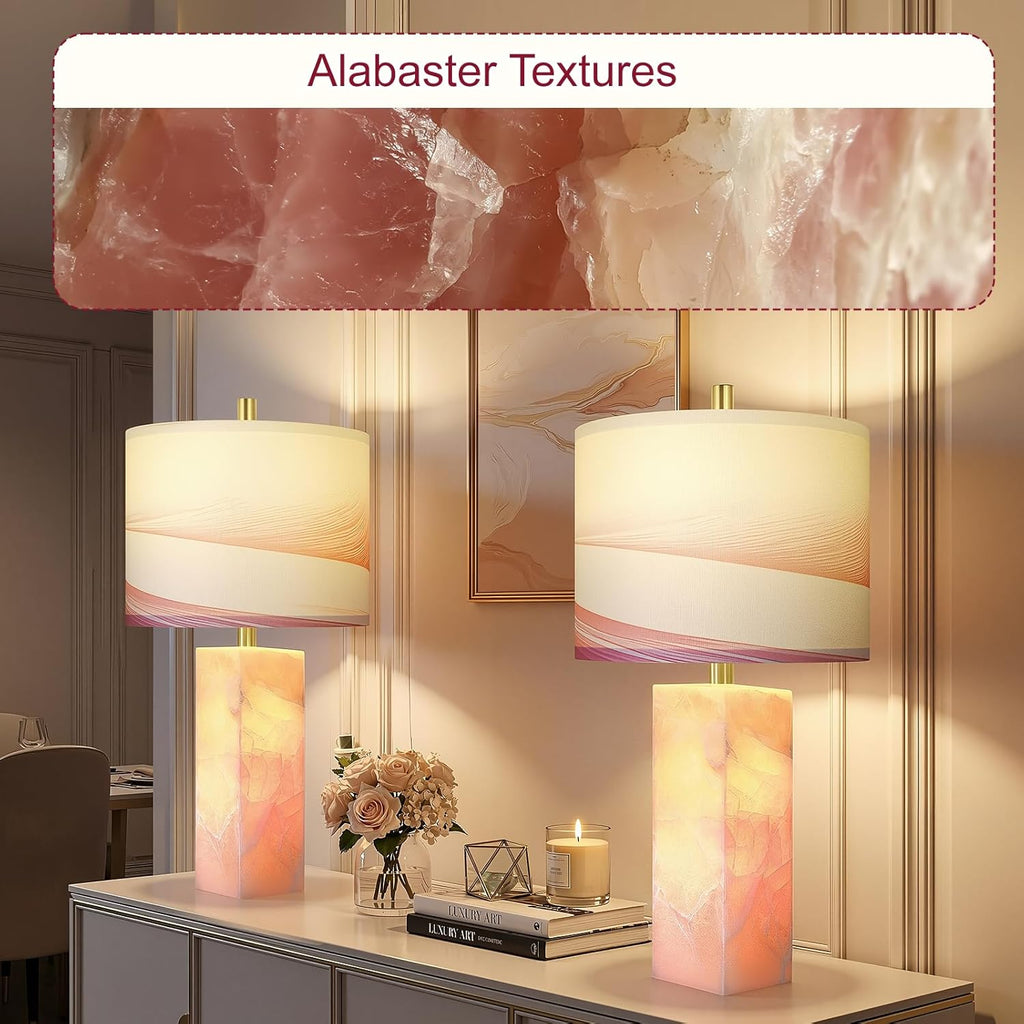 Scenekoy 23" Alabaster Table Lamp Set of 2 with Night Light for Bedroom Living Room, Rotary Switch, Pink Modern Table Lamp with Linen…