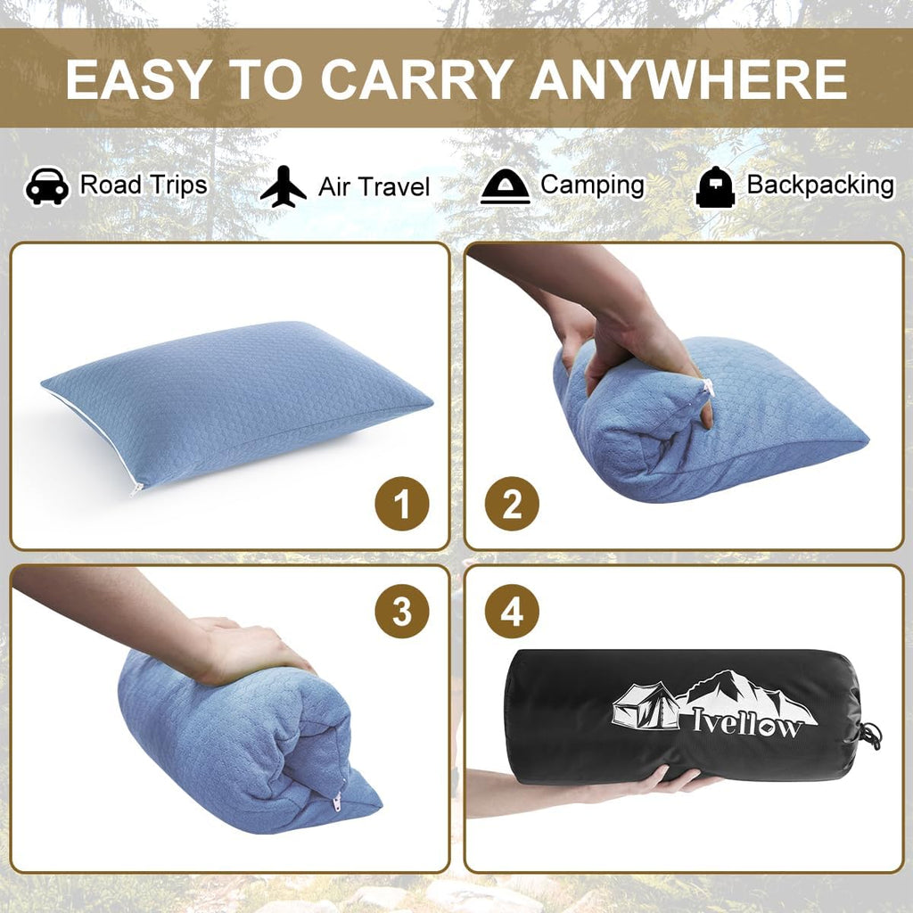 Ivellow Memory Foam Travel Pillow Compressible Camping Pillow for Sleeping Shredded Memory Foam Pillow Compact Firm Supportive Travel Pillo…