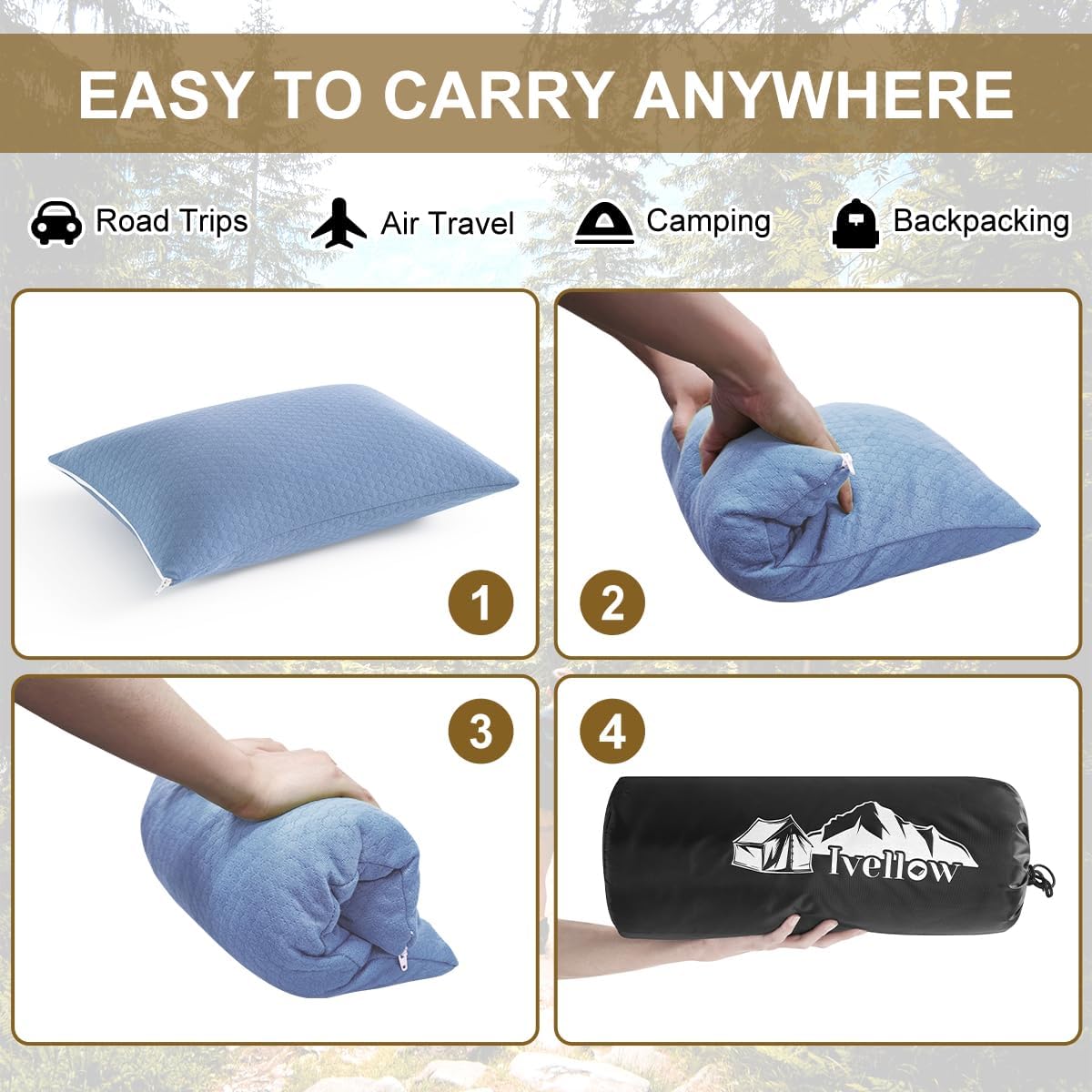 Ivellow Memory Foam Travel Pillow Compressible Camping Pillow for Sleeping Shredded Memory Foam Pillow Compact Firm Supportive Travel Pillo…