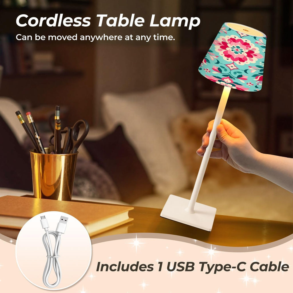 Cordless Mahjong Lamp Floral Damask Pink Blossoms Teal Ornamental Botanical Design Small LED Lamp 3 Color Dimmable Rechargeable Lamps for…