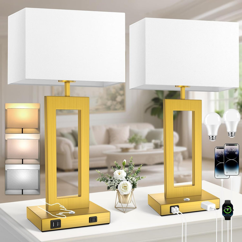 Table Lamps for Bedrooms Set of 2, 27.2’’ Super Tall Modern Gold Lamps for Living Room Nightstand End Tables, Button Touch Control…