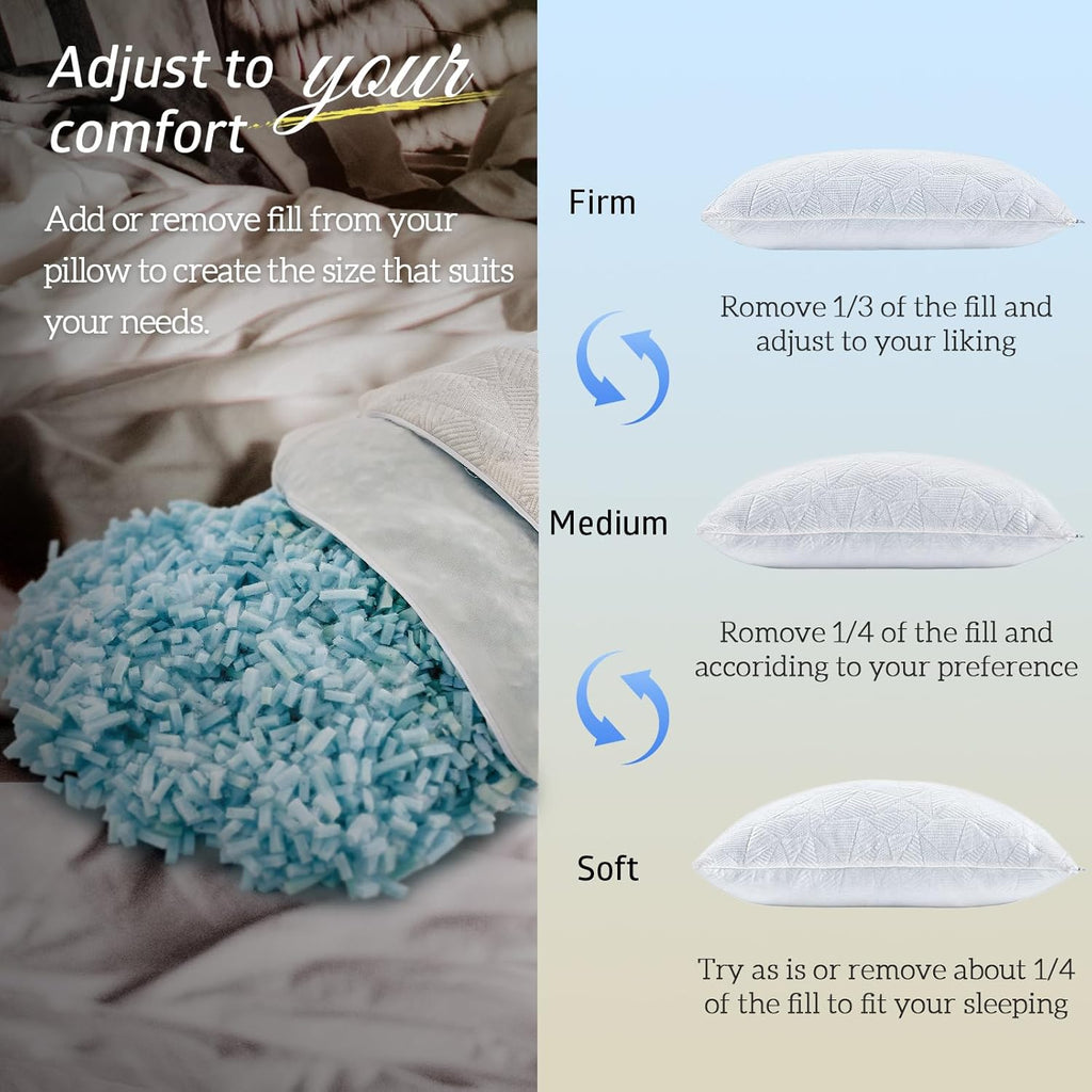 BETU Cooling King Size Pillows Set of 2, Shredded Memory Foam Cool Pillows for Hot Sleepers, Adjustable Firm Soft Support Bed Pillows…