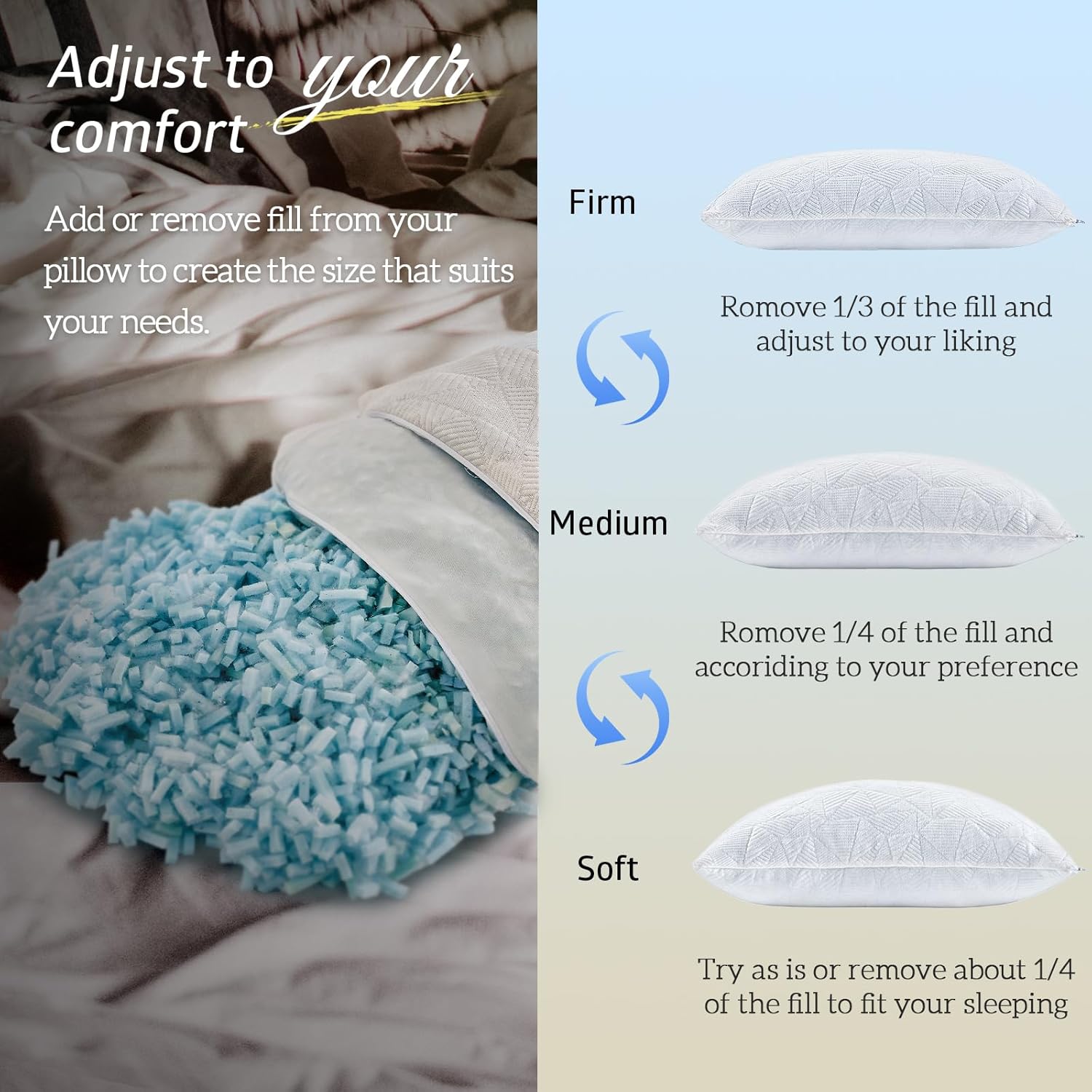 BETU Cooling King Size Pillows Set of 2, Shredded Memory Foam Cool Pillows for Hot Sleepers, Adjustable Firm Soft Support Bed Pillows…