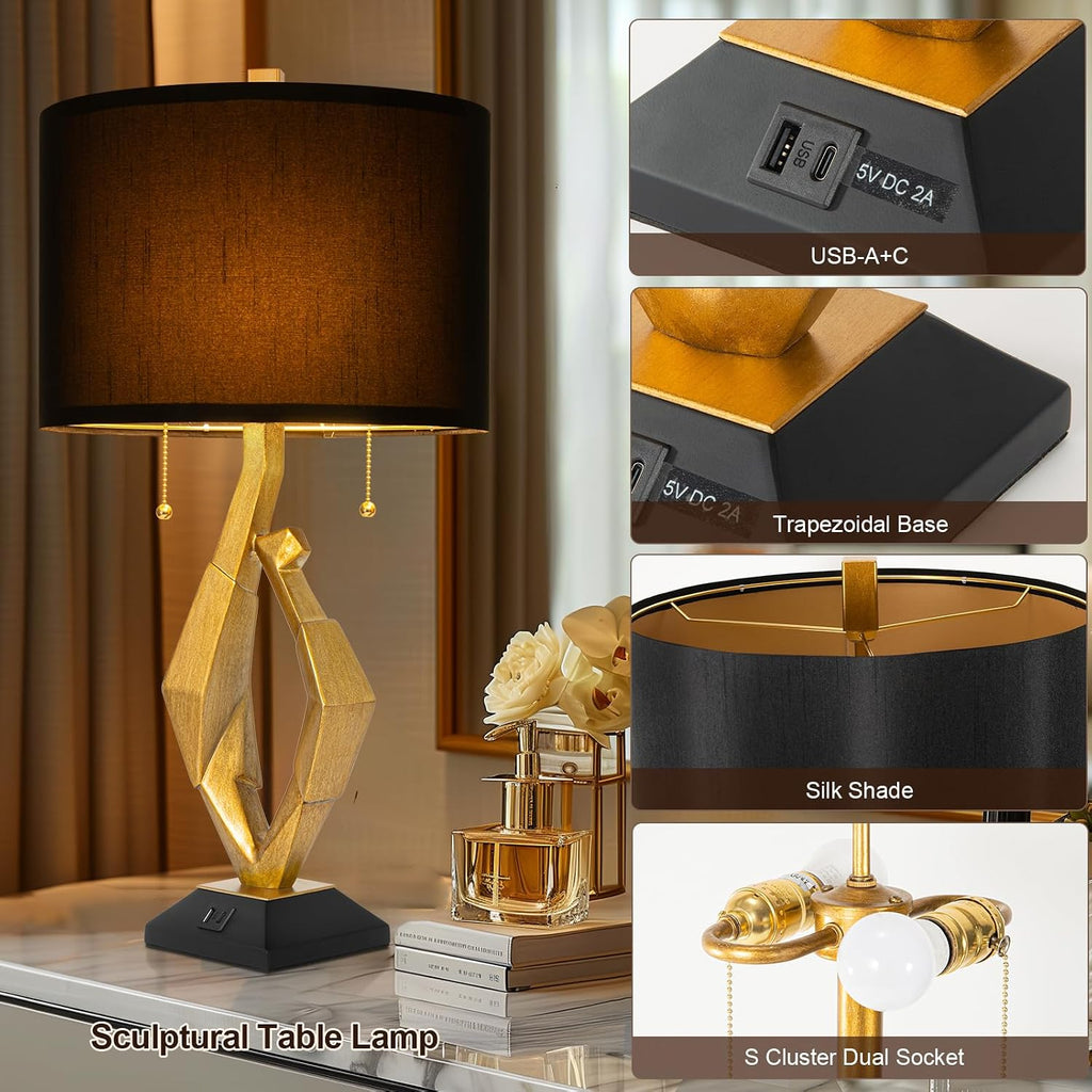 Sculptural Table Lamp Set of 2 with USB Ports For Living Room, Gold Leaf Finish Farmhouse Bedside Lamps with S Cluster Pull Chains Switch…