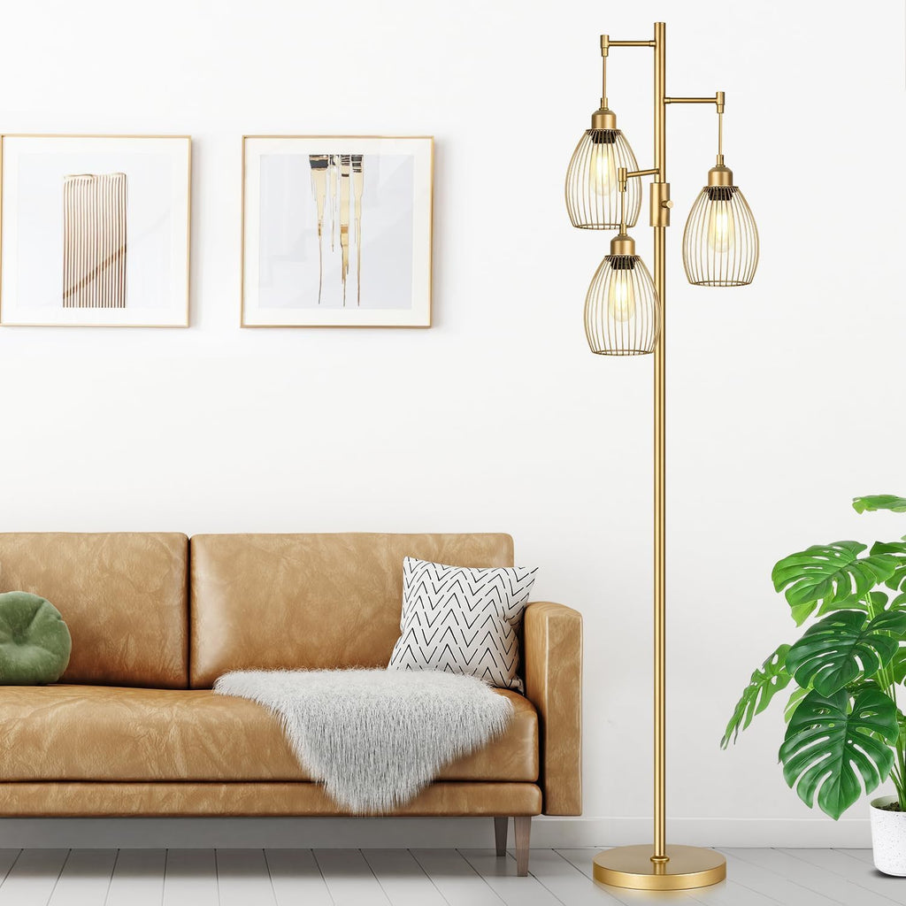 Dimmable Floor Lamp, Industrial Floor Lamps for Living Room, Gold Tree Lamp Standing Lamp Tall Lamps with 3 Elegant Teardrop Cage Head &…