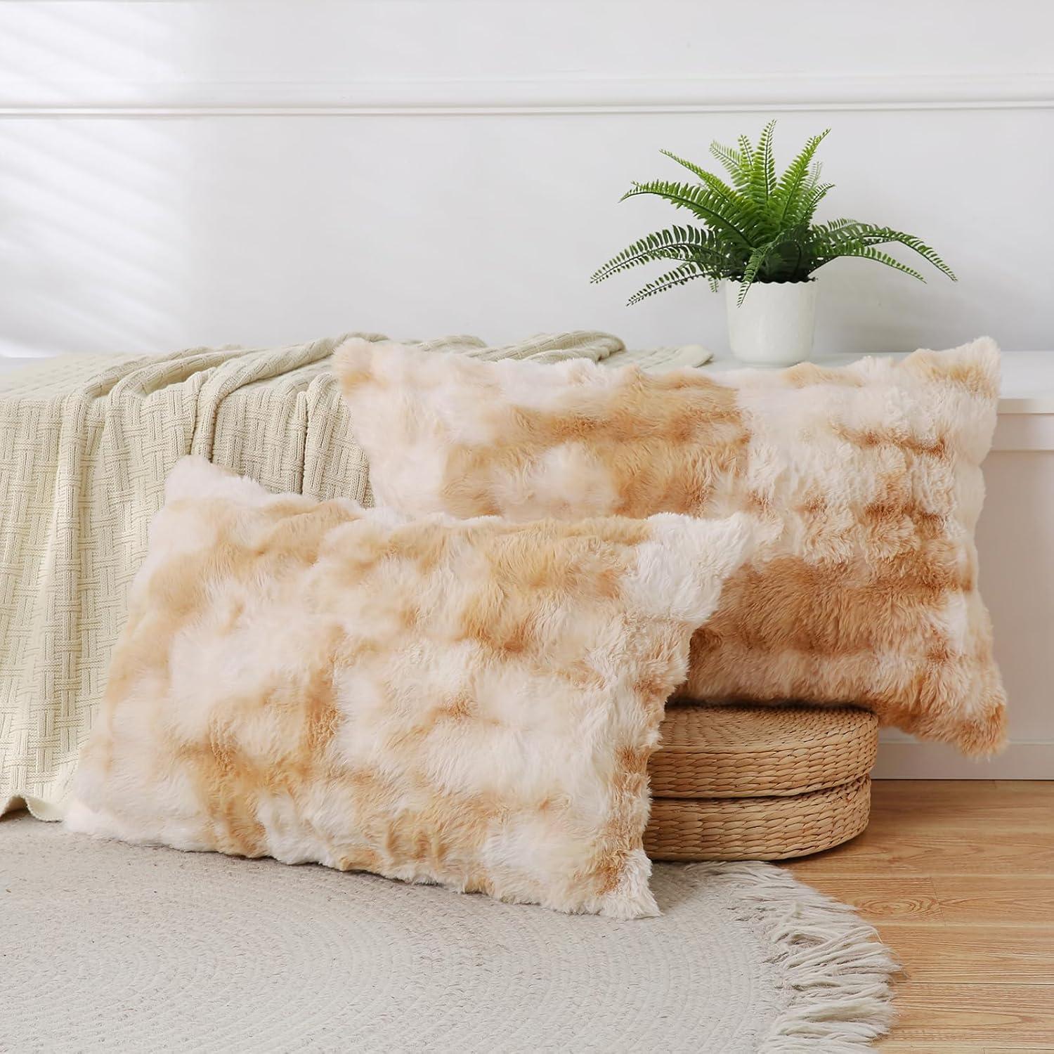 Chumerry Beige Fuzzy Pillow Case Faux Fur Pillow Cover Chic Plaid Check Texture Extra Soft Fluffy Plush Shaggy Fabric Tie Dye Decorative Pi…