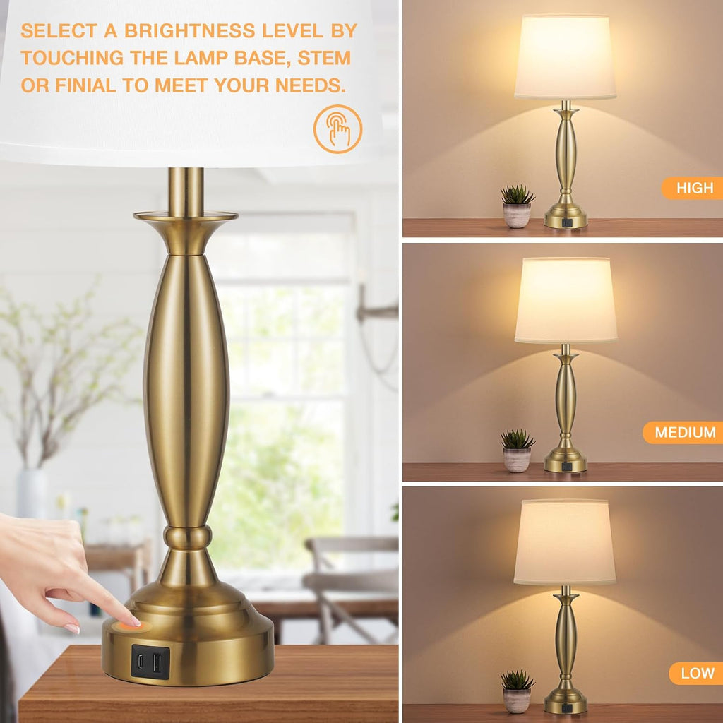Seealle White Gold Lamps for Bedrooms Set of 2 - Touch Control Bedside Lamp with USB C+A, 3 Way Dimmable Nightstand Lamps with USB Port…