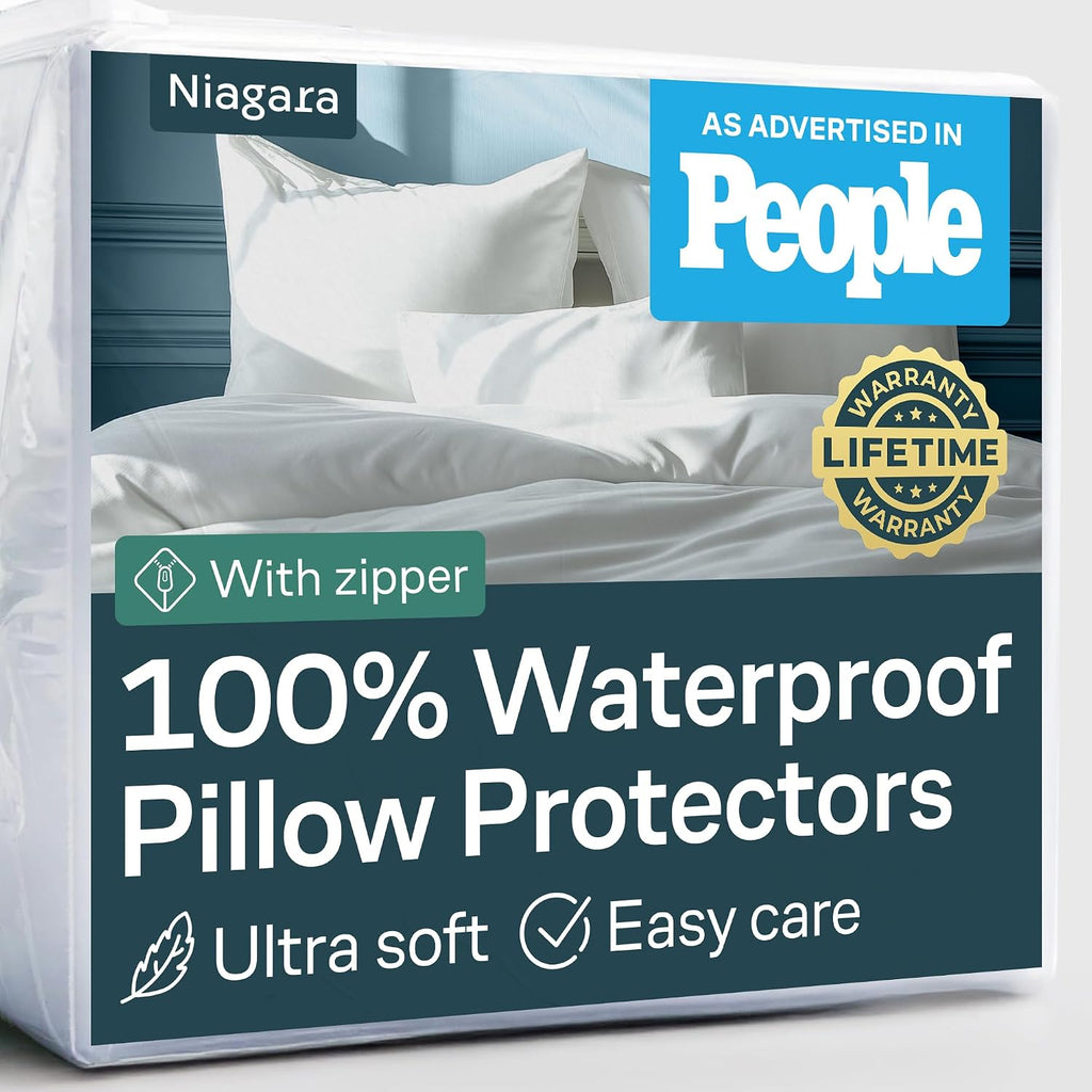 Niagara 2 Pack Waterproof Pillow Protectors Standard 20x26 Inches Smooth Zipper Premium Encasement Covers Quiet Cases Set White