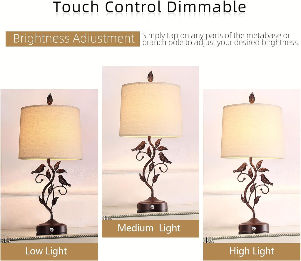 27" Set of 2 Touch Farmhouse Table Lamps for Living Room with 3-Way Dimmable 2 USB Ports, Vintage Rustic Iron Leaf Nightstand Lamp for…