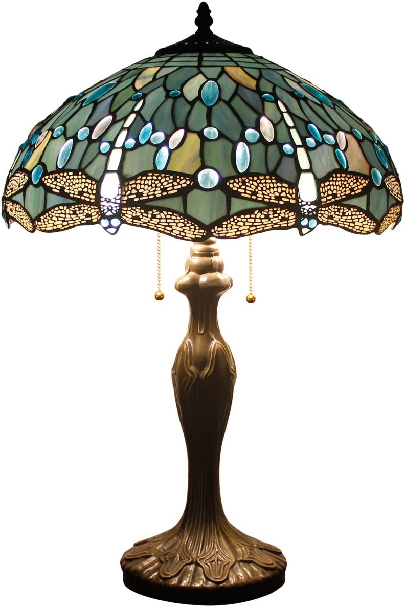 WERFACTORY Tiffany Lamp Sea Blue Stained Glass Bedside Table Lamp Dragonfly Style Desk Reading Light Metal Base 16X16X24 Inches Decor…