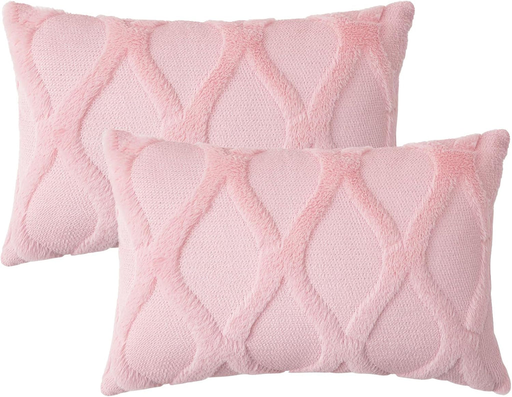 decorUhome Summer Throw Pillow Covers 12x20 Inch Set of 2, Soft Plush Faux Fur Wool Lumbar Light Pink Accent Couch Pillow Covers for Modern…