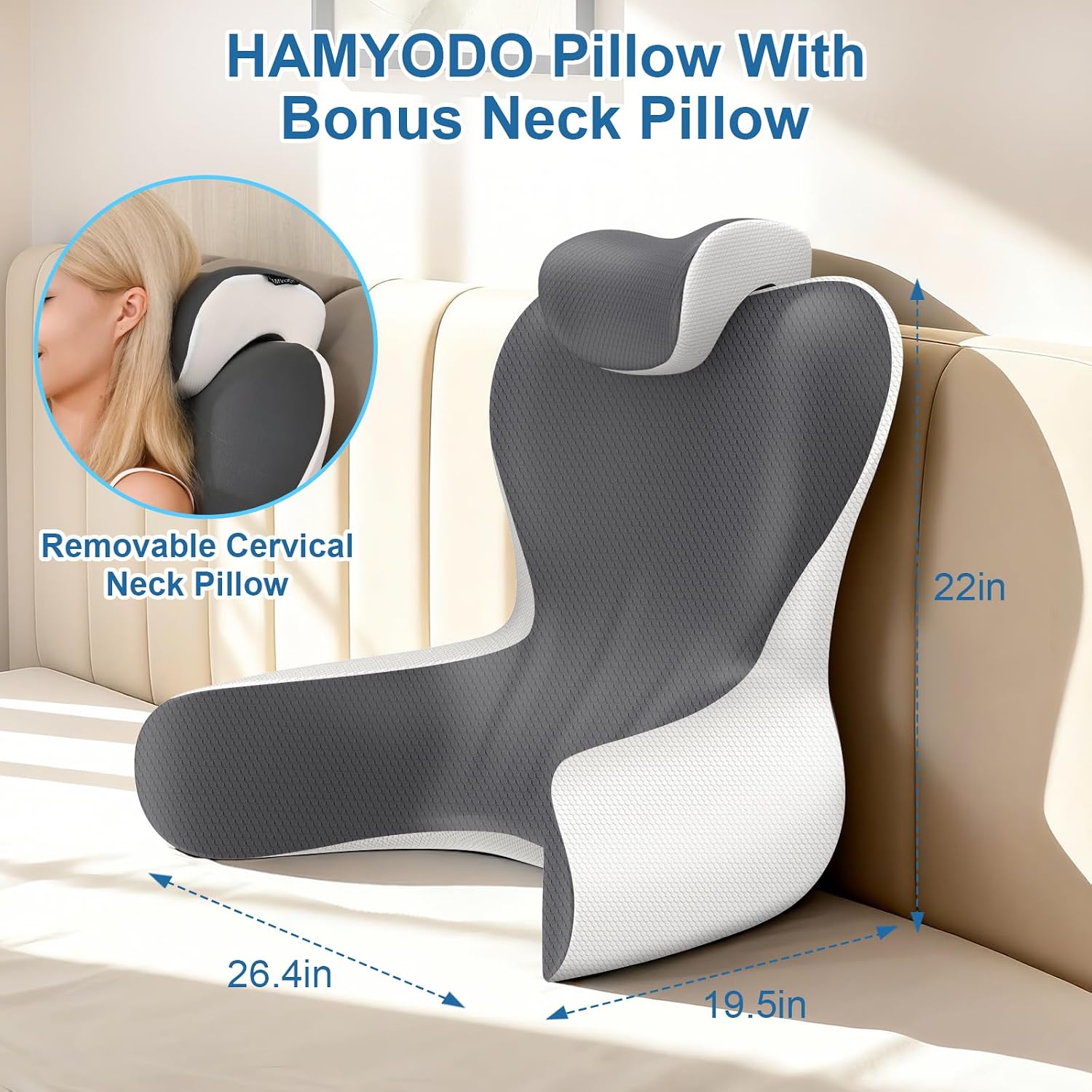 Hamyodo Reading Pillow for Sitting in Bed, 22”H Back Pillow for Sitting Up, Lumbar Rest & Neck Support Bed Pillows, Backrest Bed Chair with A…