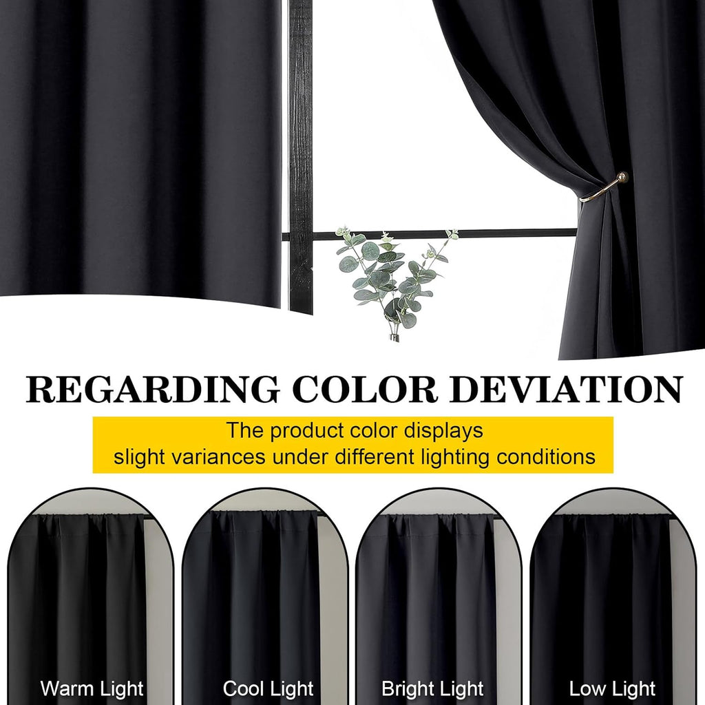 WelvetBLK Black Room Darkening Curtains for Bedroom Living Room 45 Inch Length 2 Panels Set, Soft Solid Thermal Insulated Rod Pocket Short…