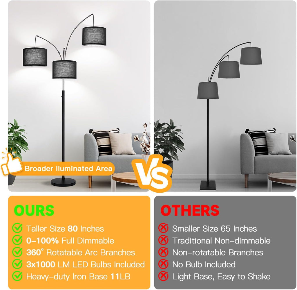 Dimmable Floor Lamp, 3 Light Arc Floor Lamp, Modern Tall Standing Tree Lamp with Black Shades & Heavy Base, 3000LM Cool White LED Bulbs…