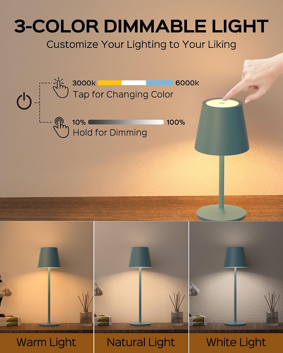 JACKYLED Cordless Table Lamps Rechargeable, 3 Adjustable Height, 5000mAh Battery Operated, 3 Colors Smooth Dimming, Portable LED…