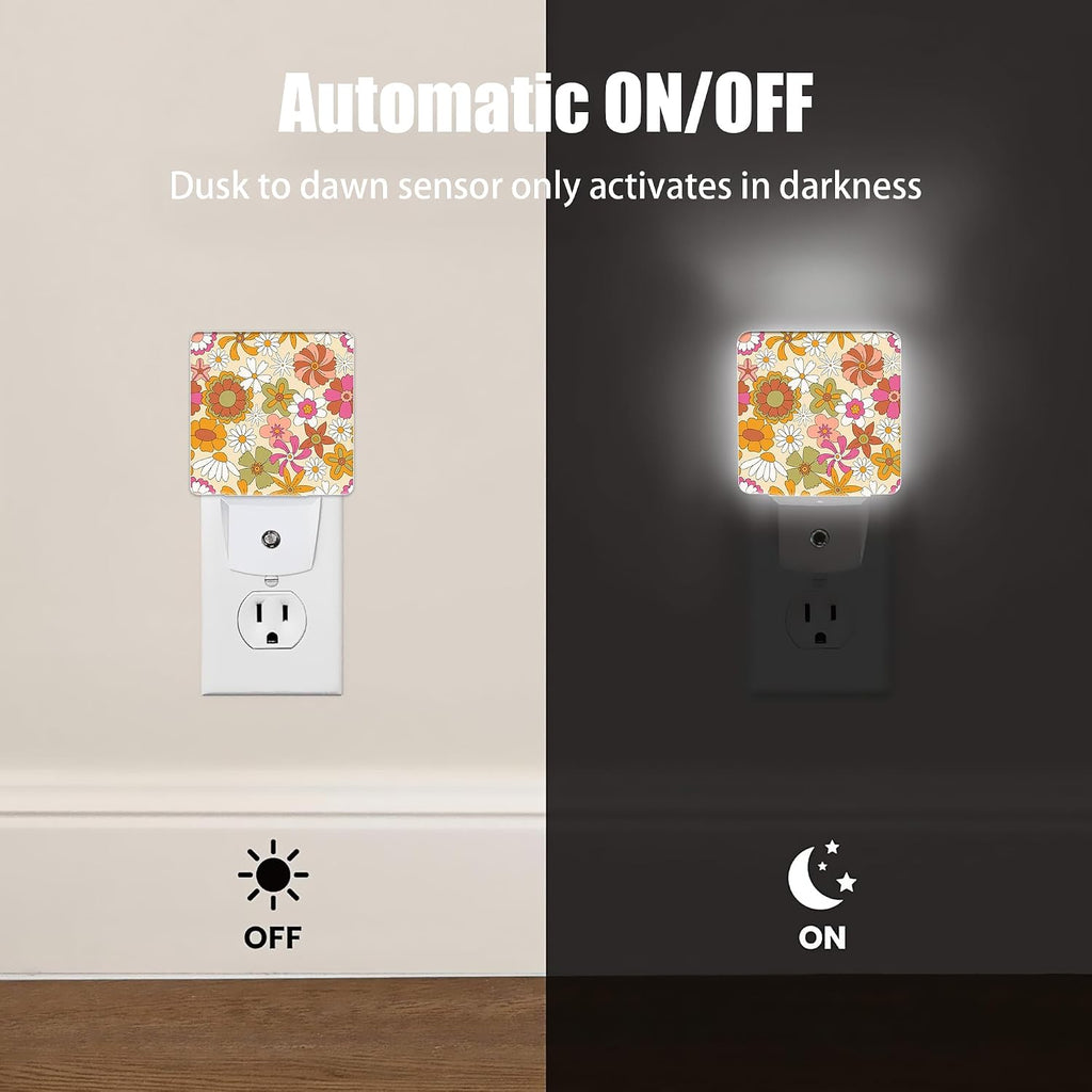 Vintage Boho Floral Night Light Plug in Wall Lamp Smart Dusk to Dawn Sensor for Home Decorative, Kids Room Bedroom Bathroom Kitchen…