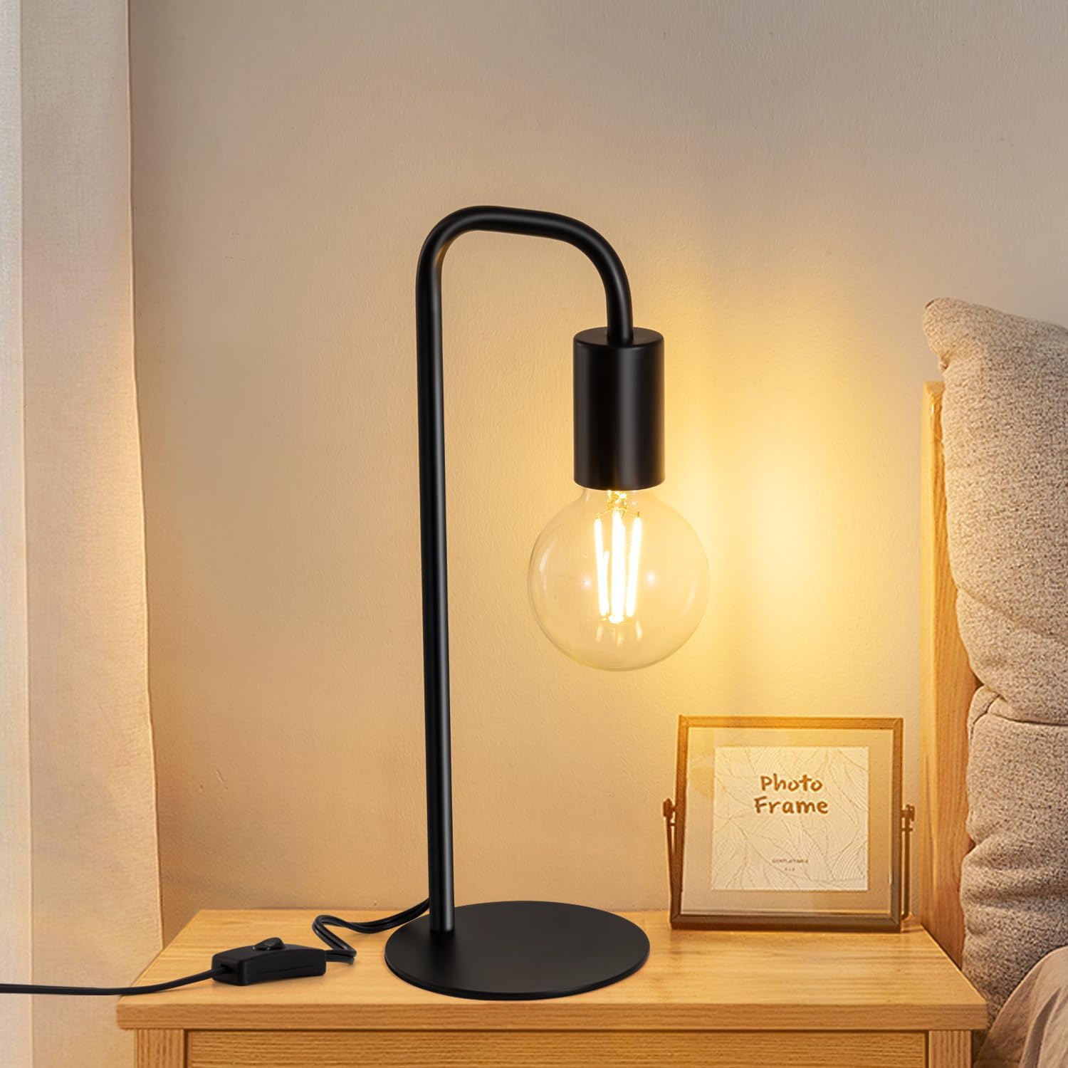 Industrial Table Lamp for Bedroom, Small Table Lamps for Bedside with Wire Switch, E26 Socket Base, Modern Nightstand Lamp for Living…