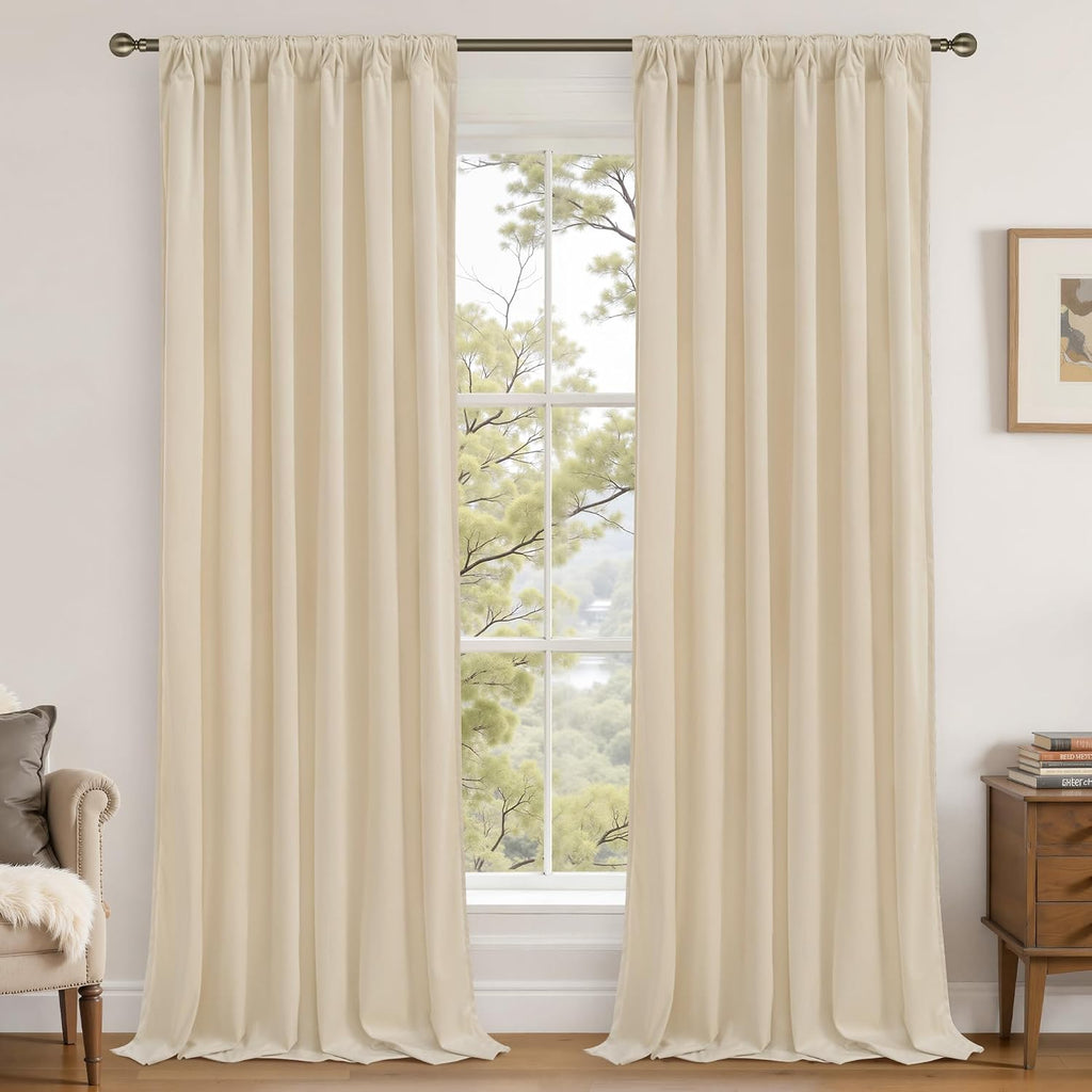 Lamit Beige Velvet Curtains for Living Room 120 Inches Long, Elegant Thermal Insulated Panels Noise Reducing Back Tab and Rod Pocket Drapes…