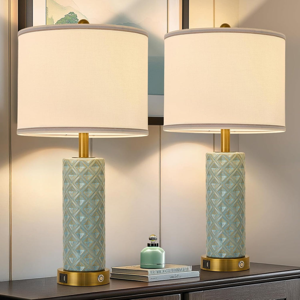 Set of 2 Table Lamp for Living Room Bedroom Farmhouse,26'' Touch Control Bedroom Spa Blue Ceramic Lamps 3-Way Dimmable Bedside Lamps with…