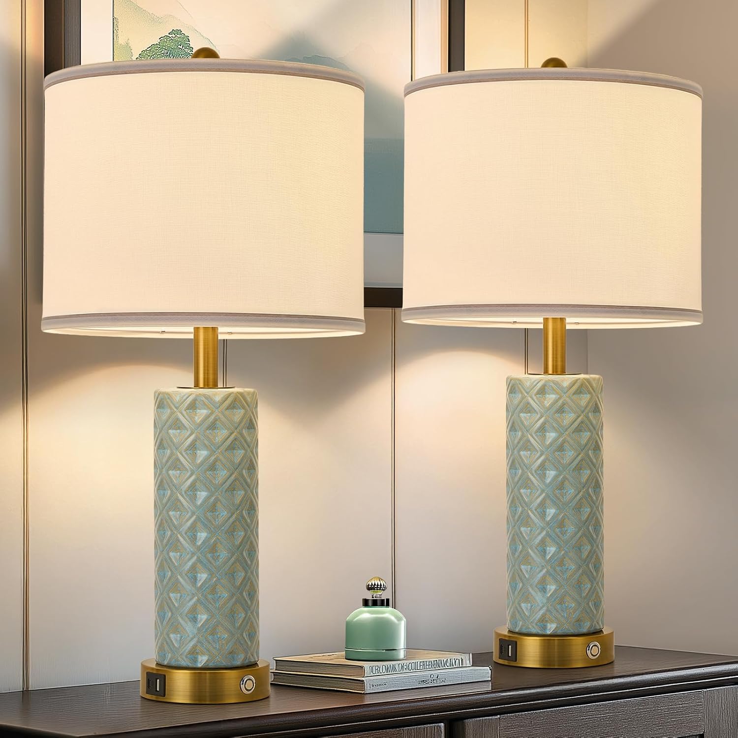 Set of 2 Table Lamp for Living Room Bedroom Farmhouse,26'' Touch Control Bedroom Spa Blue Ceramic Lamps 3-Way Dimmable Bedside Lamps with…
