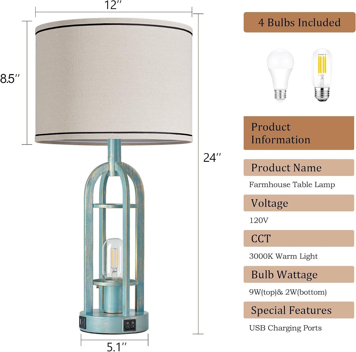 SRJJA Table Lamps for Living Room Set of 2 - Modern Farmhouse Lamps for Night Stands with Night Light & USB A+C, 24" Vintage Bedside Lamp…