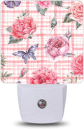 Pink Floral Gingham Night Lights Plug into Wall, Night Light for Bedroom Bathroom Hallway Kitchen, Auto Dusk to Dawn Sensor Decorative…