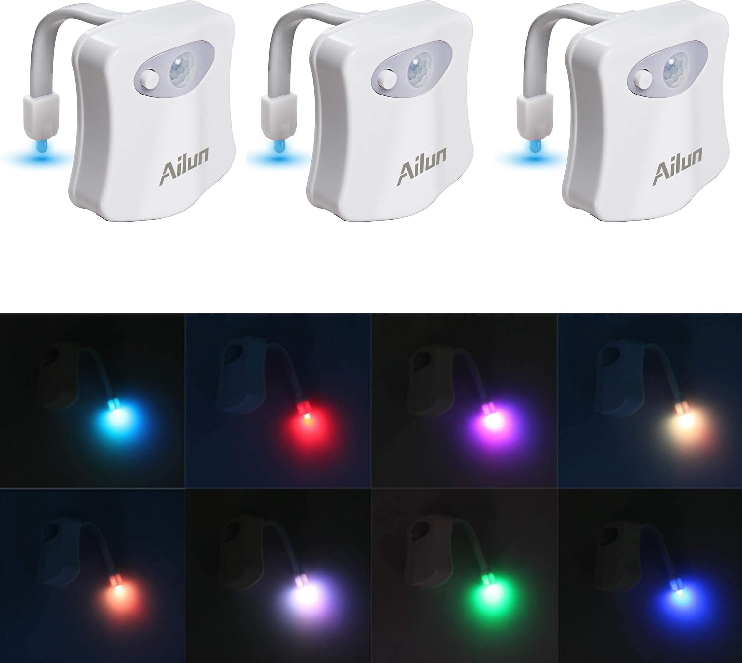Ailun Toilet Night Light 3Pack Motion Activated LED Light 8 Colors Changing Toilet Bowl Illuminate Nightlight for Bathroom Battery Not…