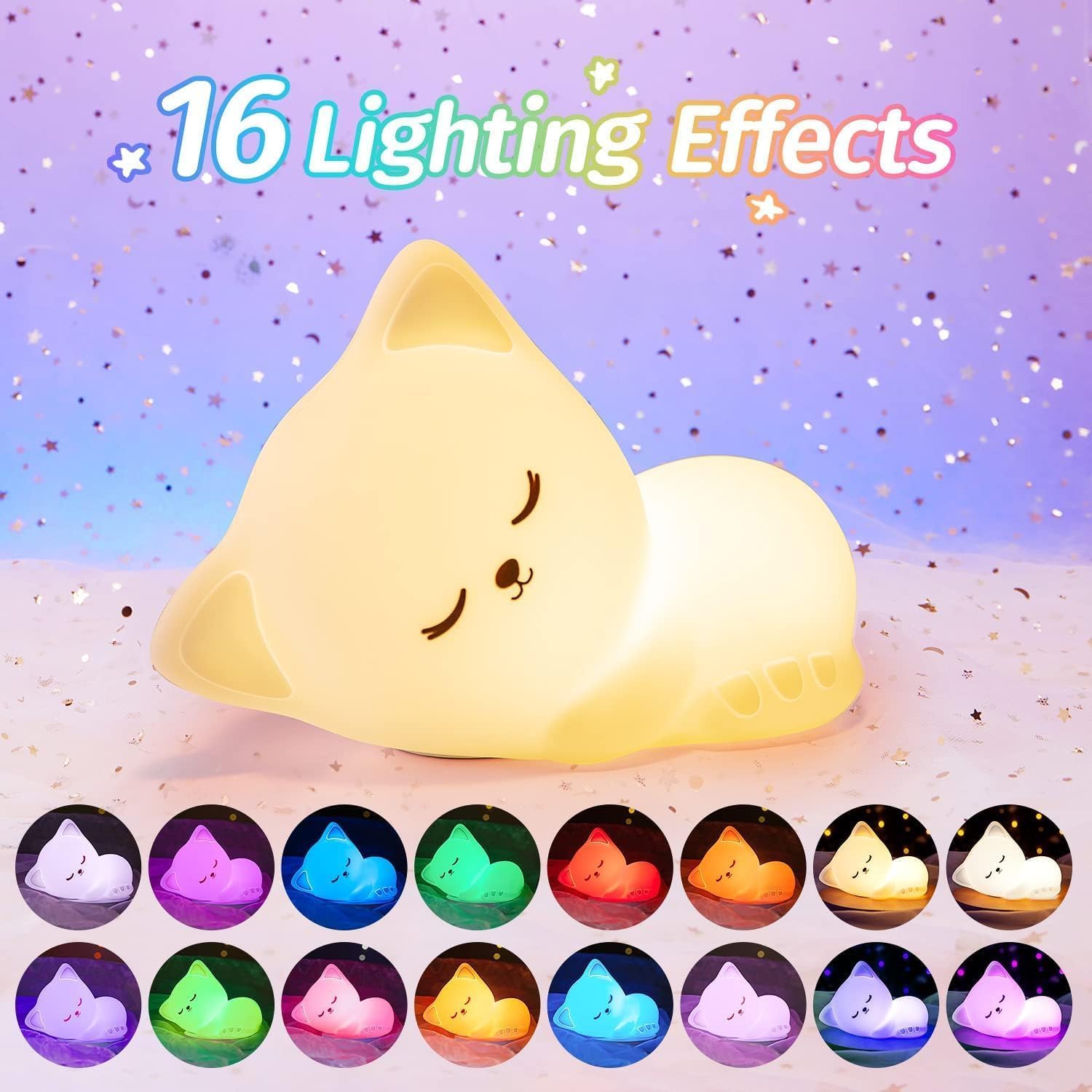 Night Light for Kids,16 Colors Cat Lamp Cute Lamp, Dimmable Baby Night Lights for Nursery, Silicone Rechargeable Nightlight for Kids…