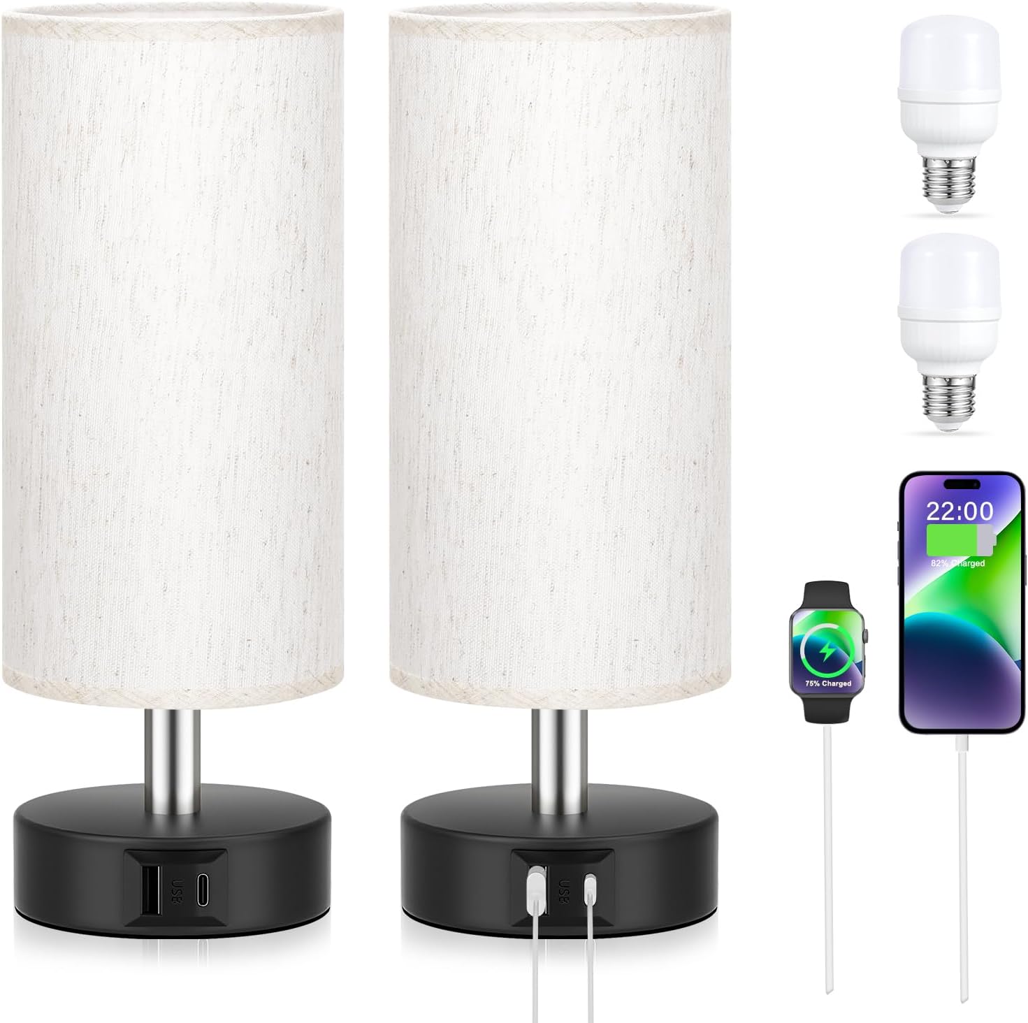 PartageiZ Small Touch Lamps Set of 2 - Table Lamps for Nightstand, Minimalist Bedside Lamps for Bedroom with 3000K Dimmable Bulbs