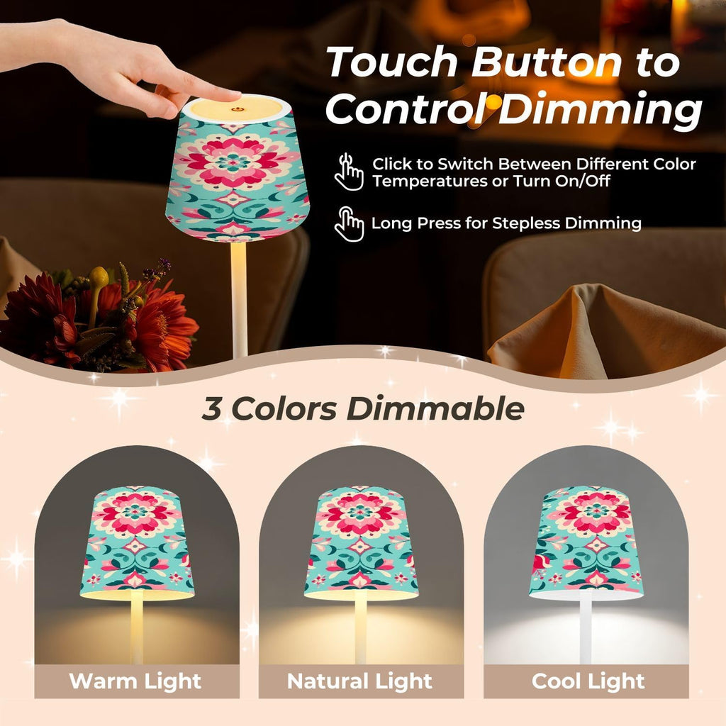 Cordless Mahjong Lamp Floral Damask Pink Blossoms Teal Ornamental Botanical Design Small LED Lamp 3 Color Dimmable Rechargeable Lamps for…