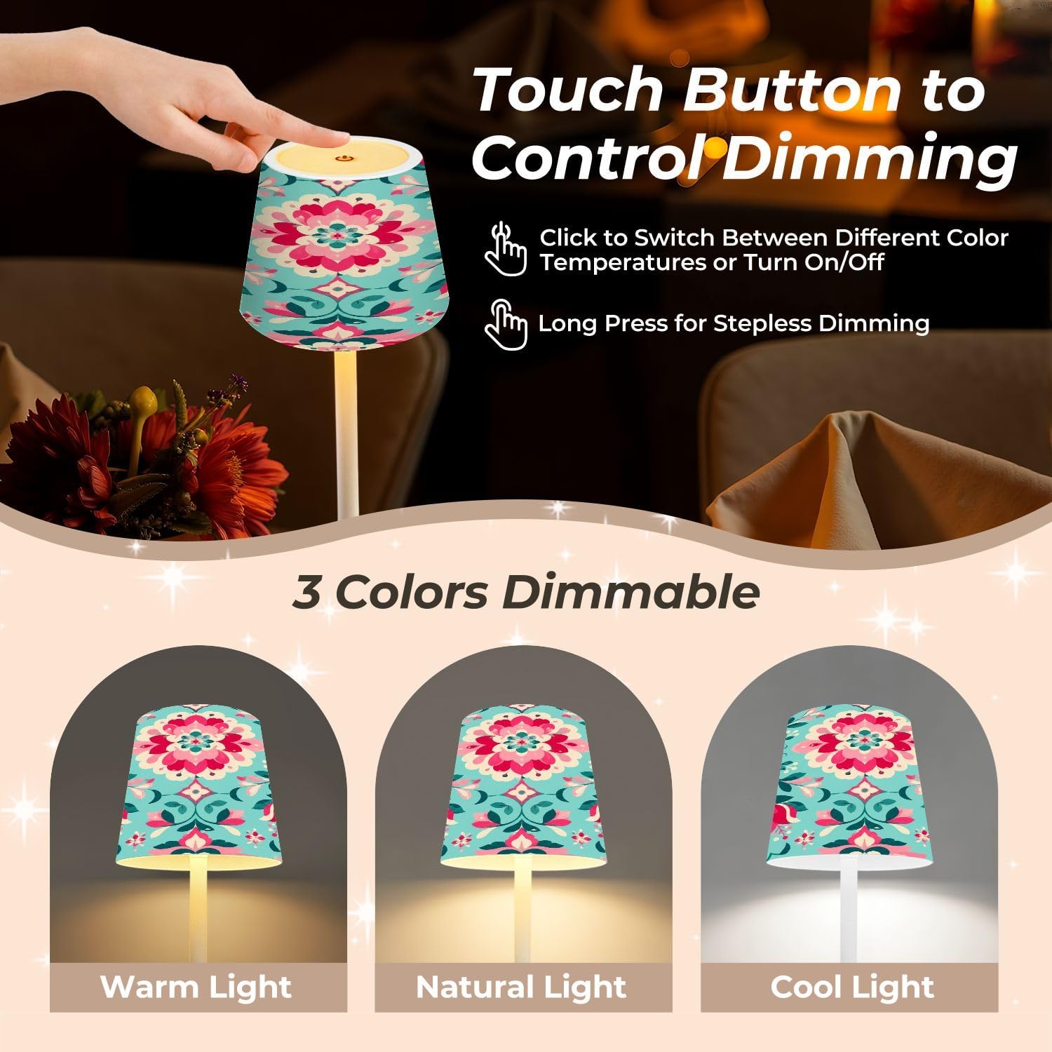 Cordless Mahjong Lamp Floral Damask Pink Blossoms Teal Ornamental Botanical Design Small LED Lamp 3 Color Dimmable Rechargeable Lamps for…