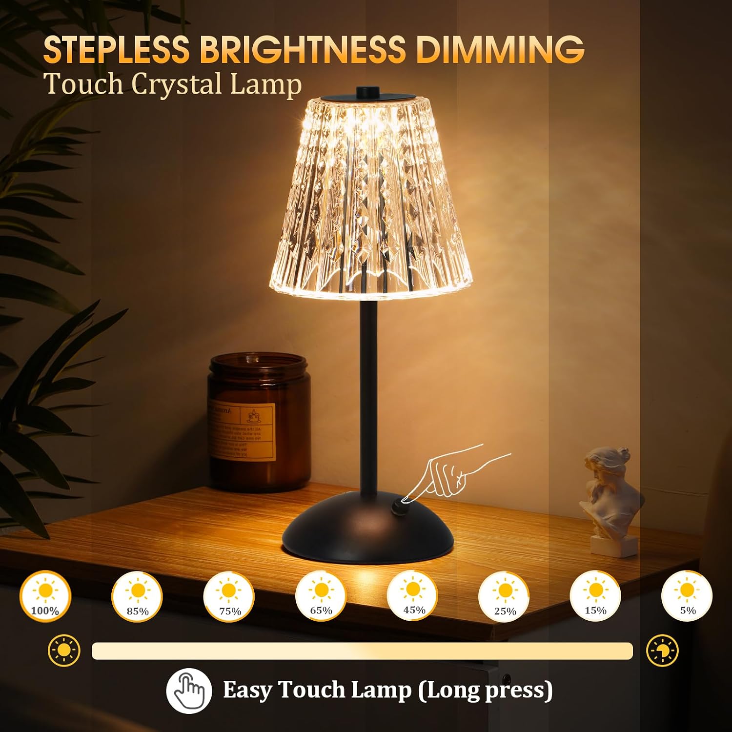 Nusogon Cordless Touch Table Lamp, 3500mAh Rechargeable Small Dask Lamp, 3 Colors Dimmable Battery Operated Crysta Lamp for Bedroom…