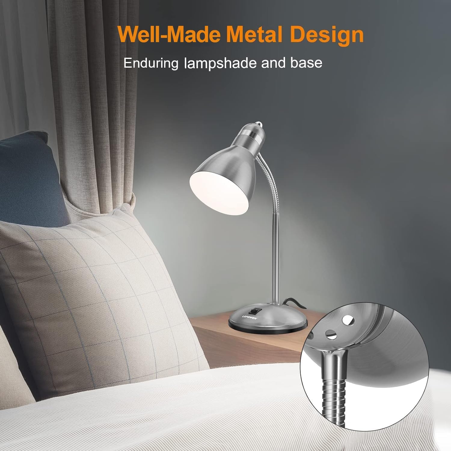LEPOWER Metal Desk Lamp, Adjustable Goose Neck Table Lamp, Eye-Caring Study Desk Lamps for Bedroom, Study Room and Office (Silver)