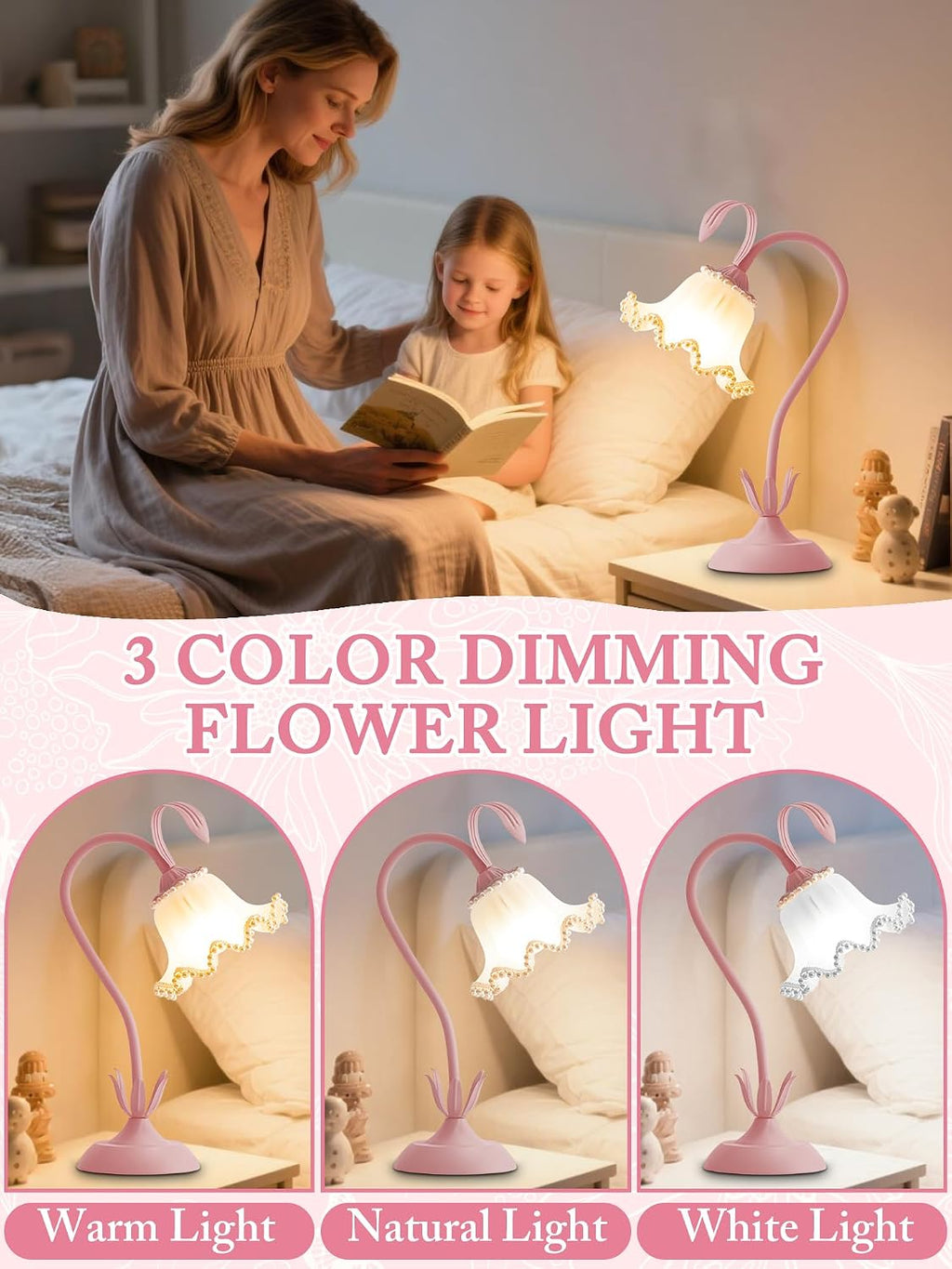 Aqdzcnf Flower Table Lamp, LED Reading Light Bedside Vintage Flower Night Light,3 Colors Modes Kawaii Bedside Lamps Decor, Living Room Bedroo…
