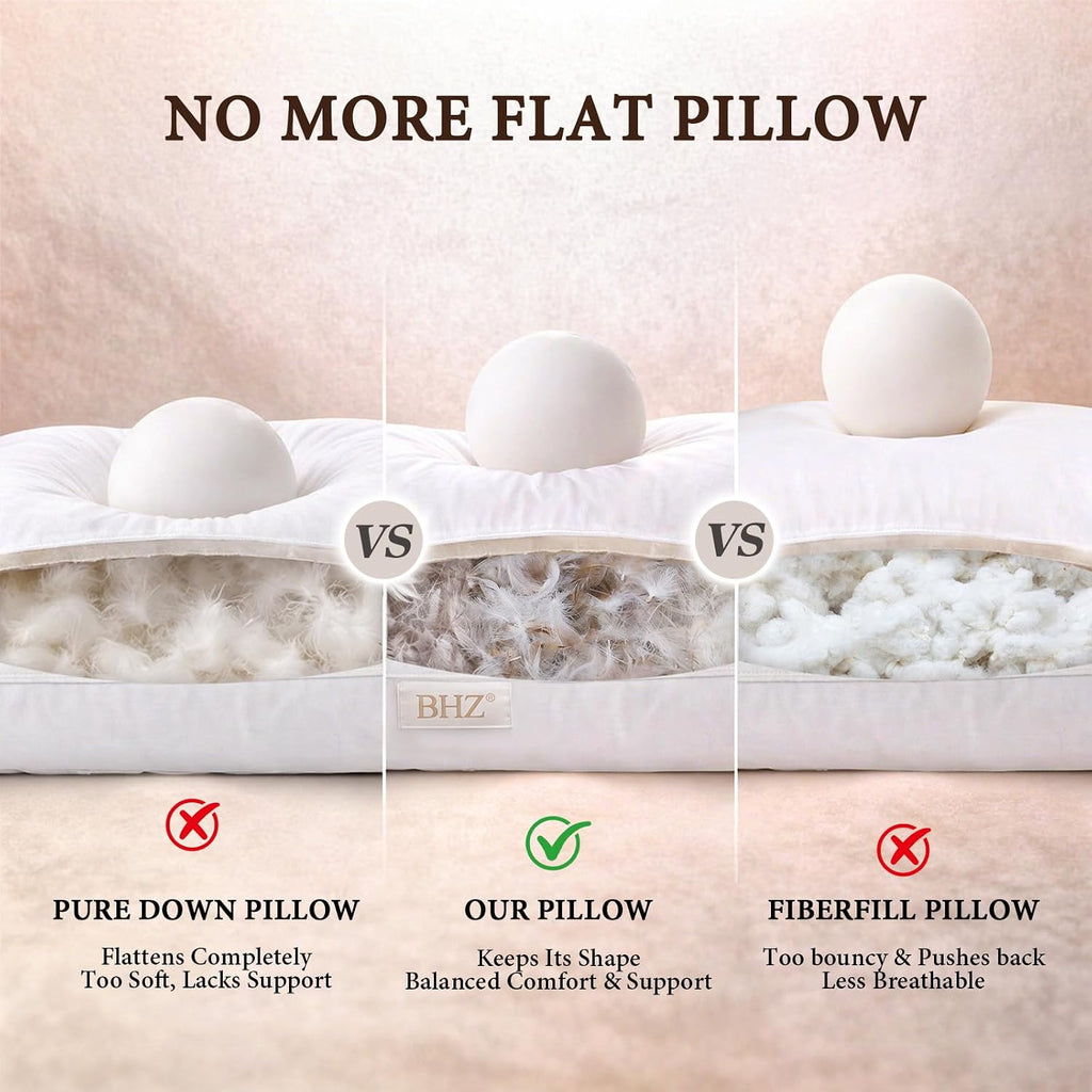 BHZ Goose Down Feather Pillows Queen Size - Hotel Collection Bed Pillows for Sleeping Medium Firm Soft Support Pillow for Side and Back…