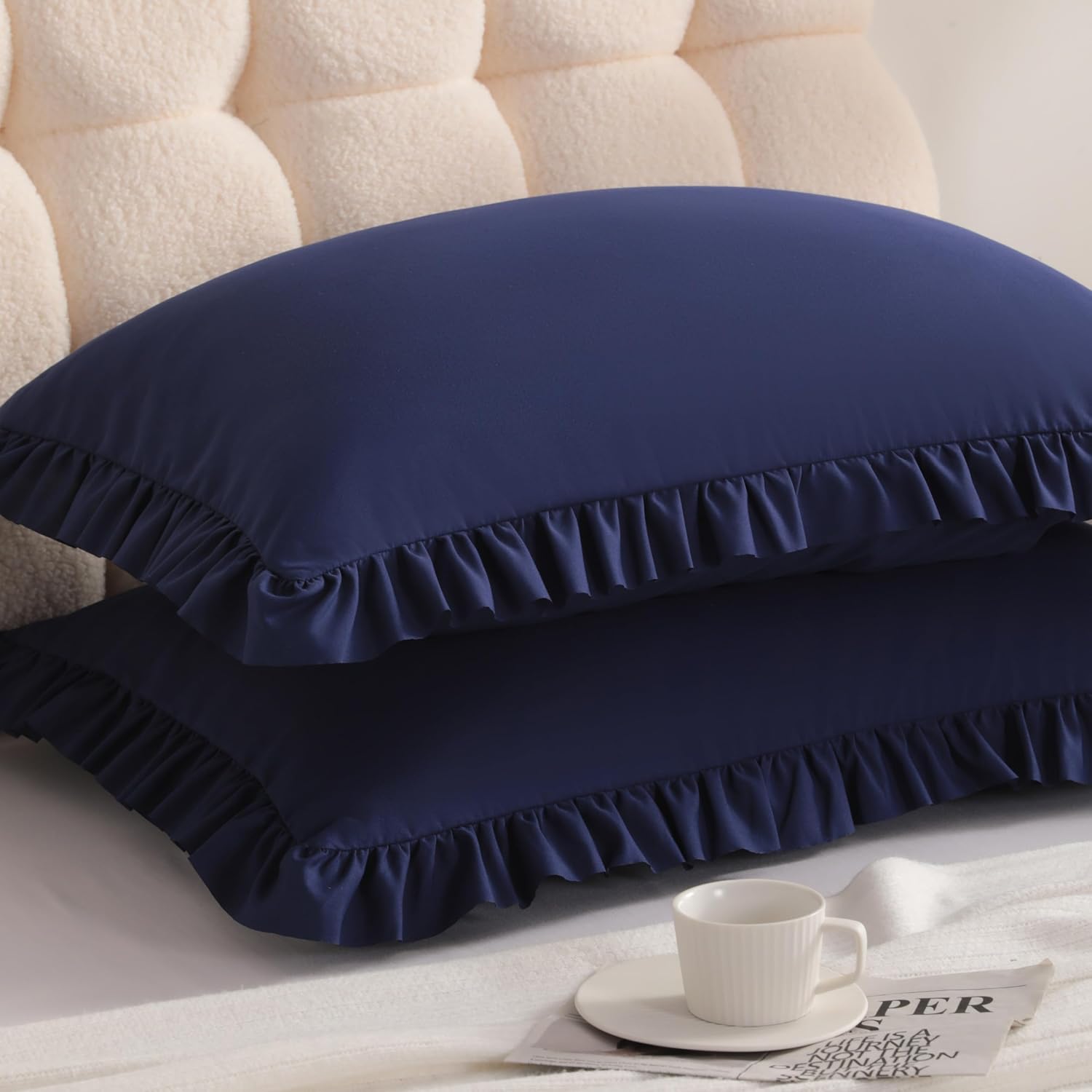 Aerlomi Ruffled Pillowcases, King Pillow Shams 20x36 Set of 2, Brushed Microfiber with Envelope Closure, Soft Wrinkle-Resistant, Nav…