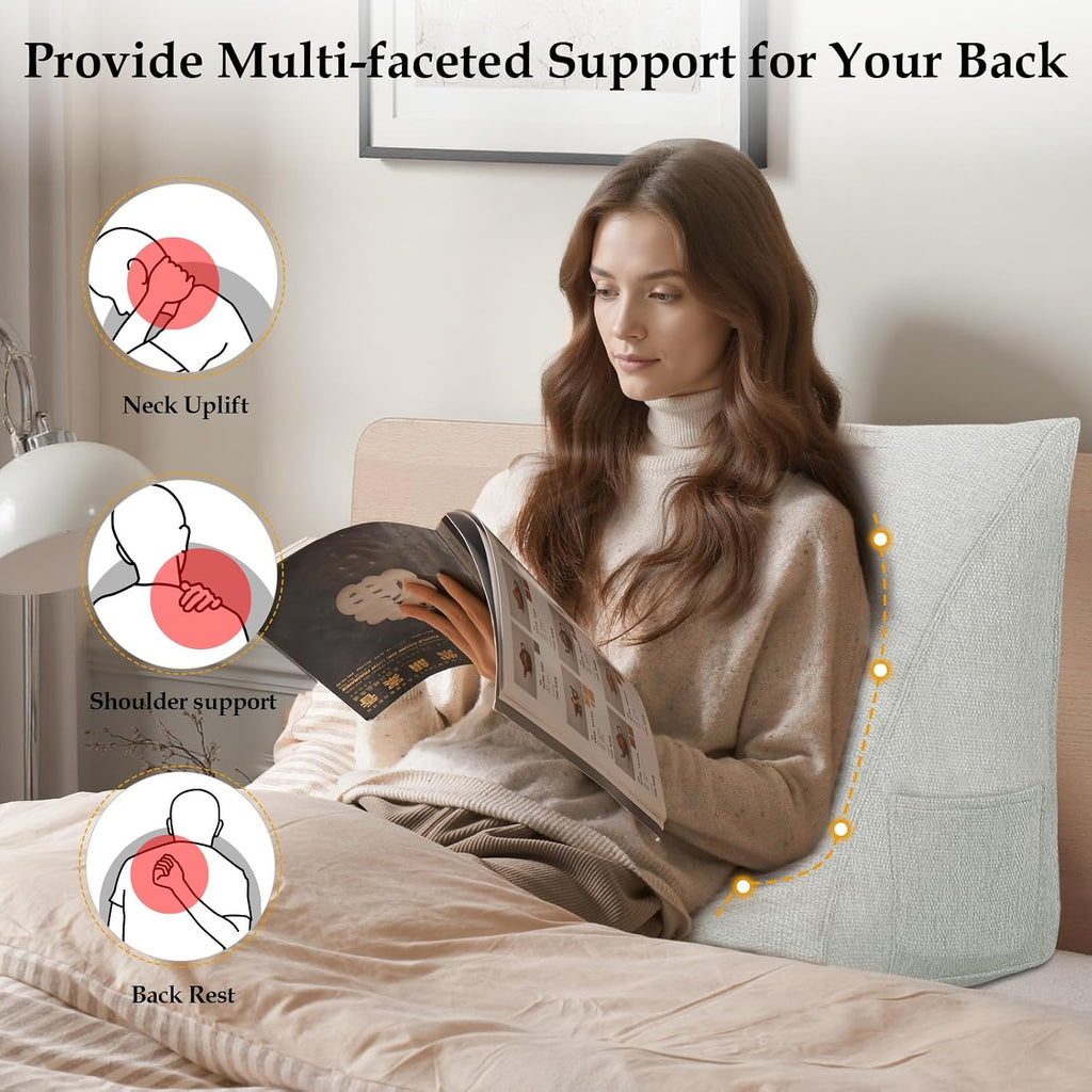 Wedge Headboard Pillow Reading Pillows for Sitting in Bed Adult Backrest Cushion with Removable Cover Side Pockets Sofa Ivory White…