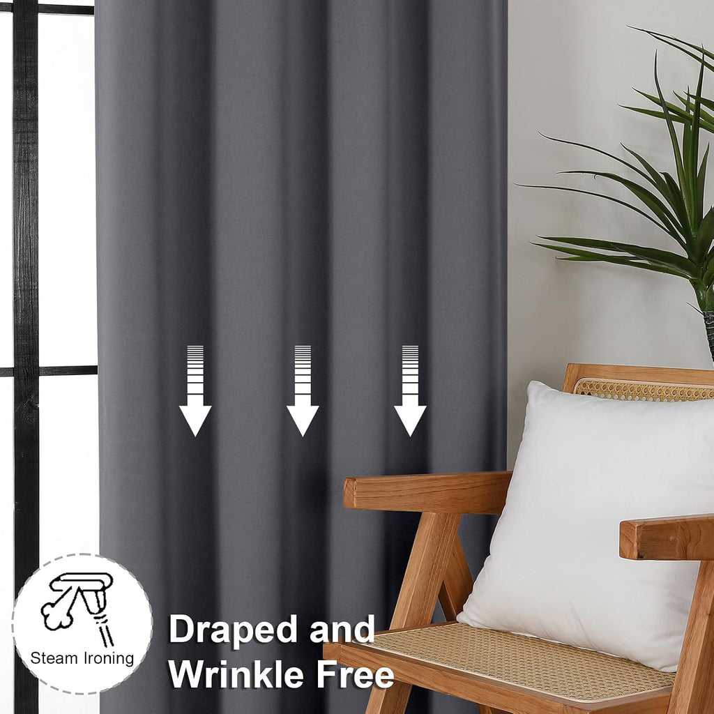 Simplebrand Ava Grey Blackout Extra Long 10ft Curtains for Patio 120 Inches Long 2 Panels Set, Solid Thermal Insulated Energy Saving Rod Po…