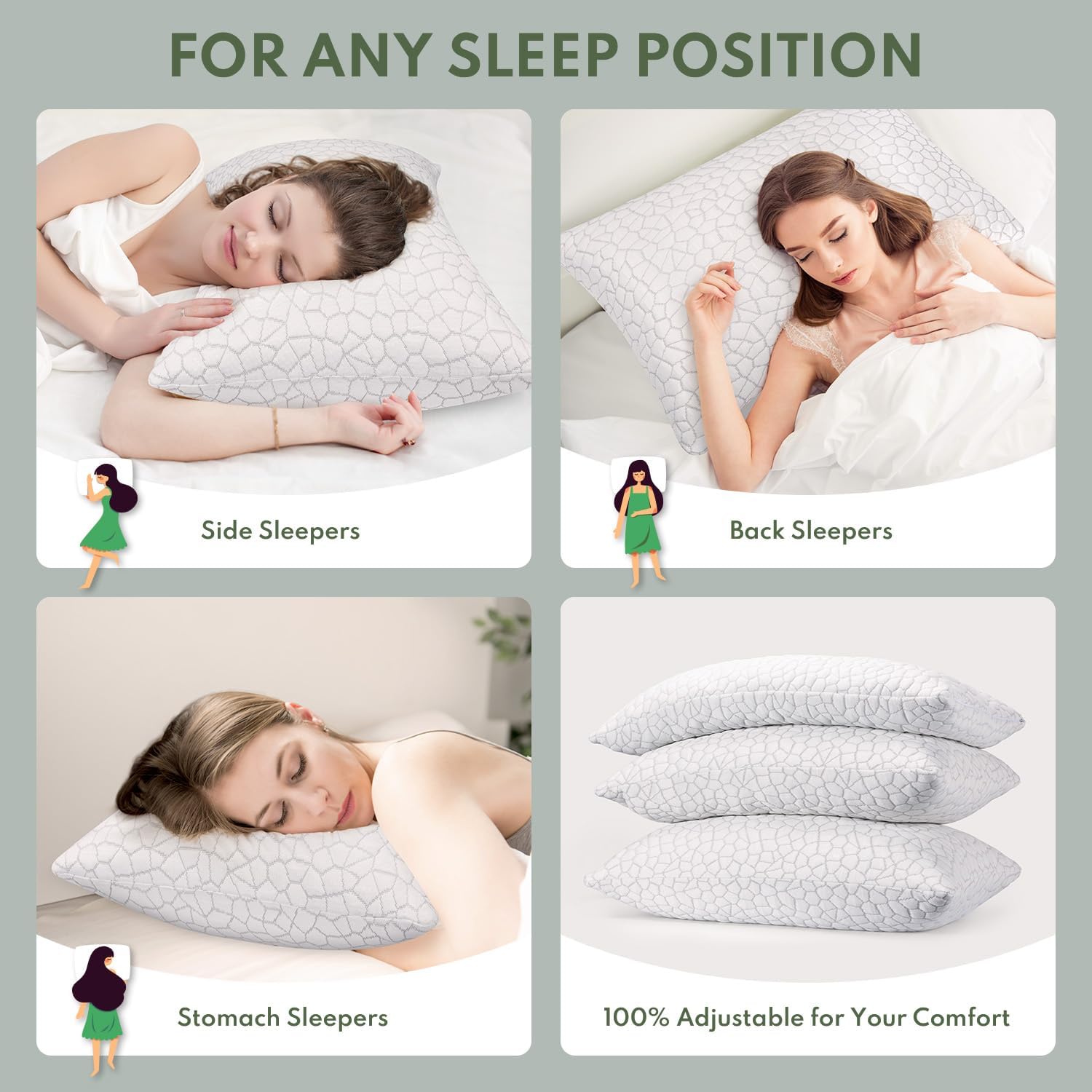 Heycuzi Pillows Queen Size Set of 2 - Cooling Shredded Memory Foam Pillow for Sleeping 2 Pack, Adjustable Cool Bed Pillows for Side, Back,…